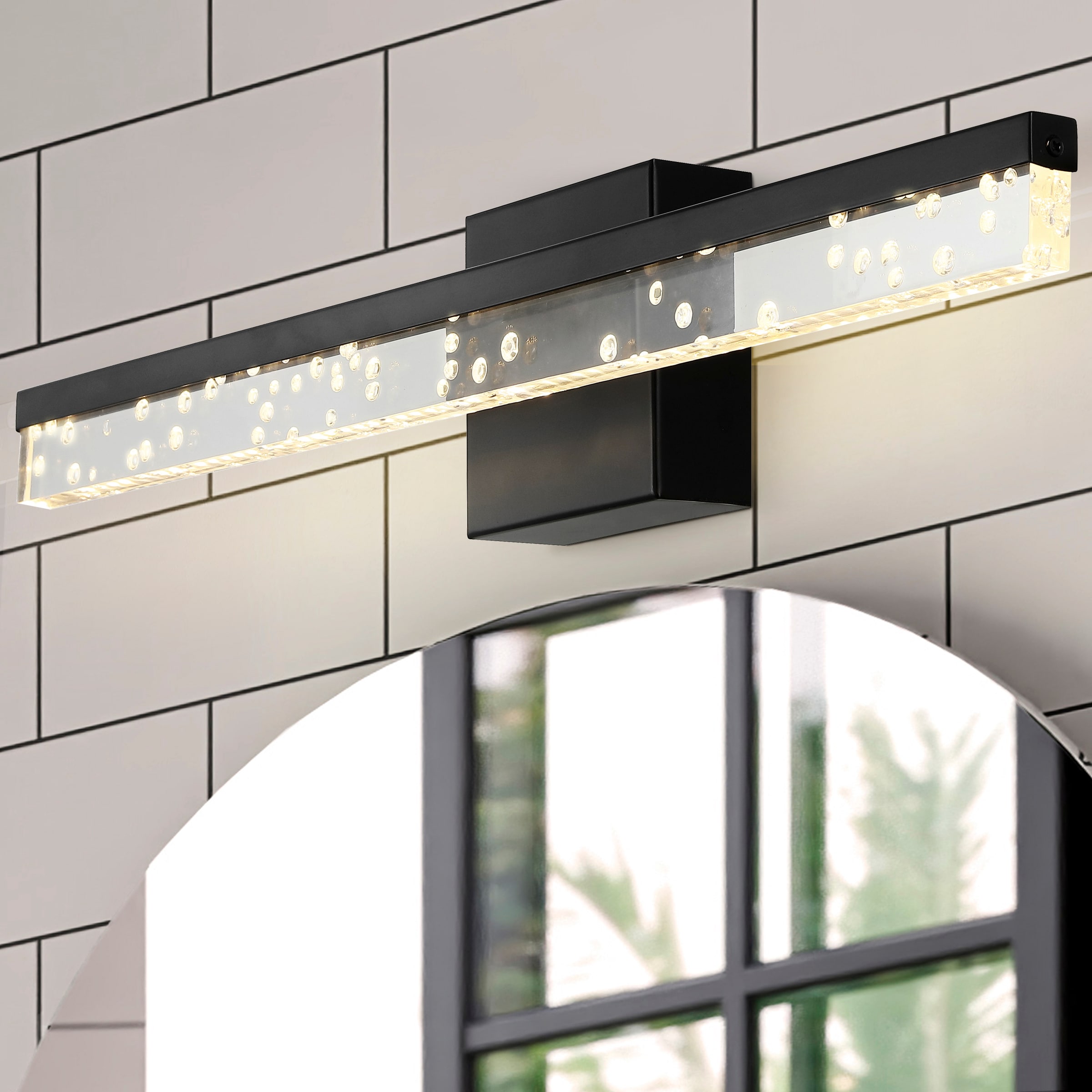 JONATHAN  Y JYL7128A Mario Iron/Seeded Acrylic 360-Degree Rotatable Modern 22-in 1 -Light Satin Black Integrated LED Industrial Vanity light
