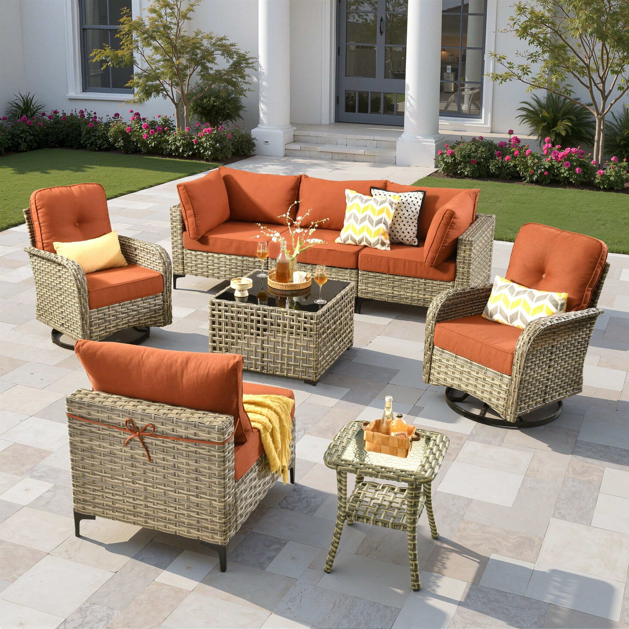 Caodoc L5-VYZSKT80C8-1 Stiletto Wicker Outdoor Sofa with Red Cushions and Wicker Frame