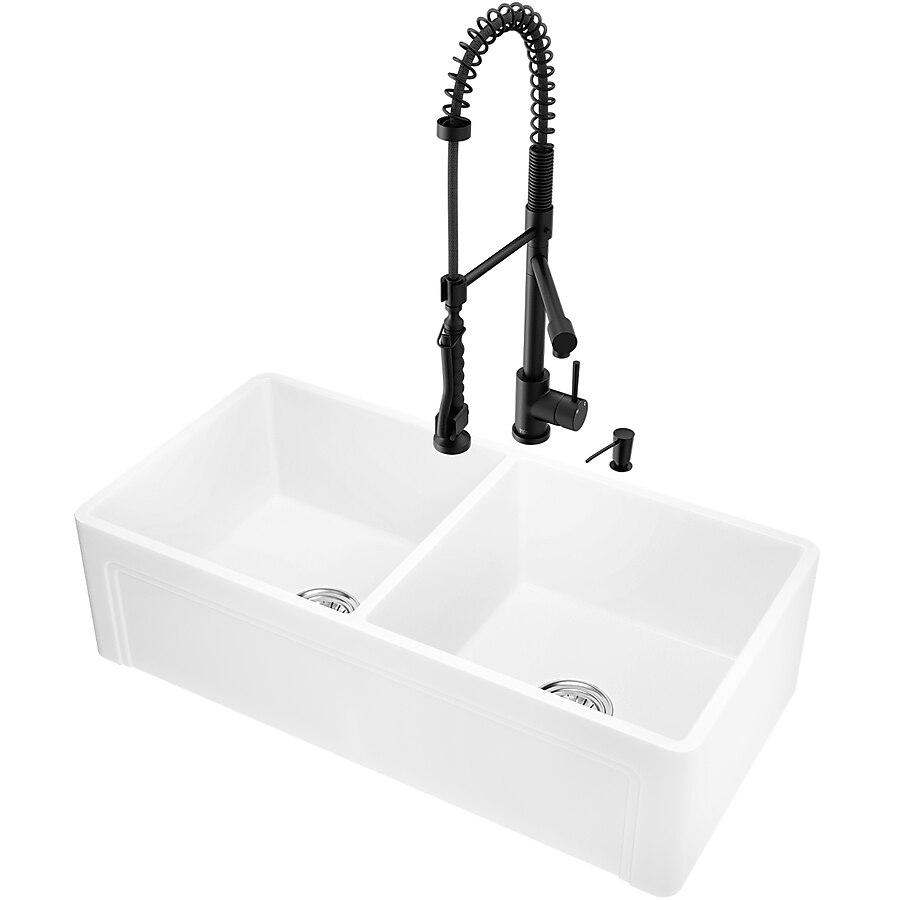 VIGO Matte Stone 36-in x 18-in Matte White Single Bowl Tall (8-in or Larger) Undermount Apron Front/Farmhouse Commercial/Residential Workstation Kitchen Sink VIGO Matte Stone 36-in x 18-in Matte White Single Bowl Tall (8-in or Larger) Undermount Apron Front/Farmhouse Commercial/Residential Workstation Kitchen Sink