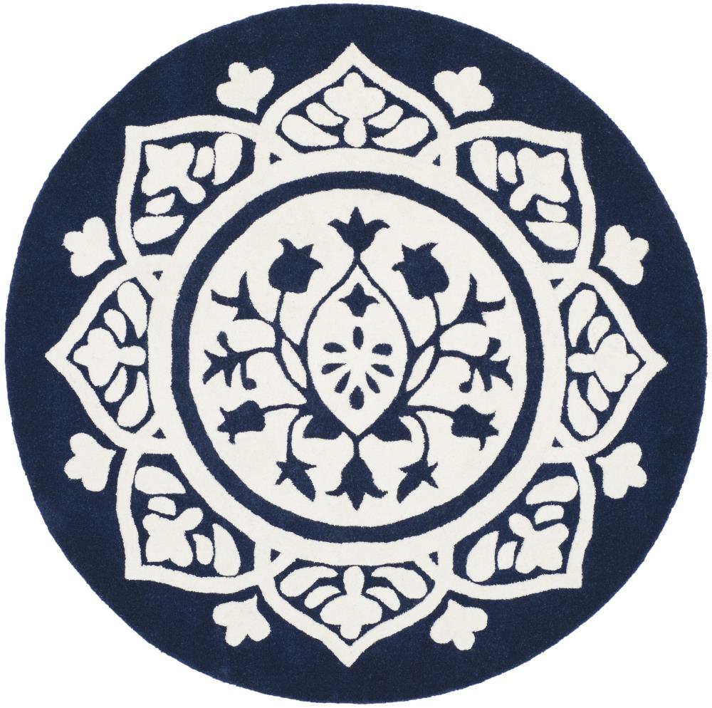 Safavieh BEL136B-5R Bella Zaria 5 x 5 (ft) Tufted Wool Navy/Ivory Round Indoor Medallion Farmhouse/Cottage Area rug