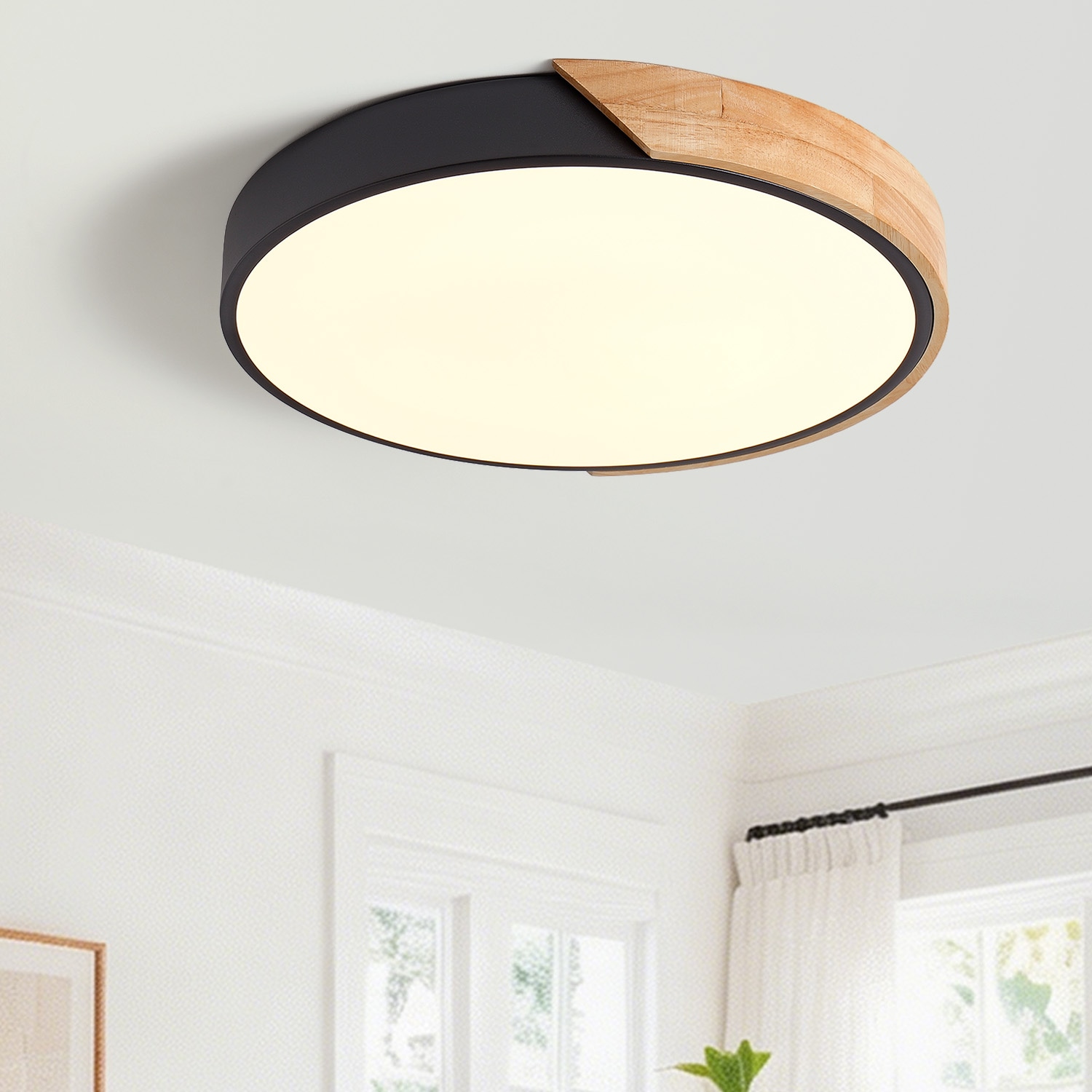 Zitrend 16-in Black LED Flush Mount Ceiling Light Modern Dimmable with White Acrylic Diffuser and Two Tone Wood Rim for Bedroom and Entryway