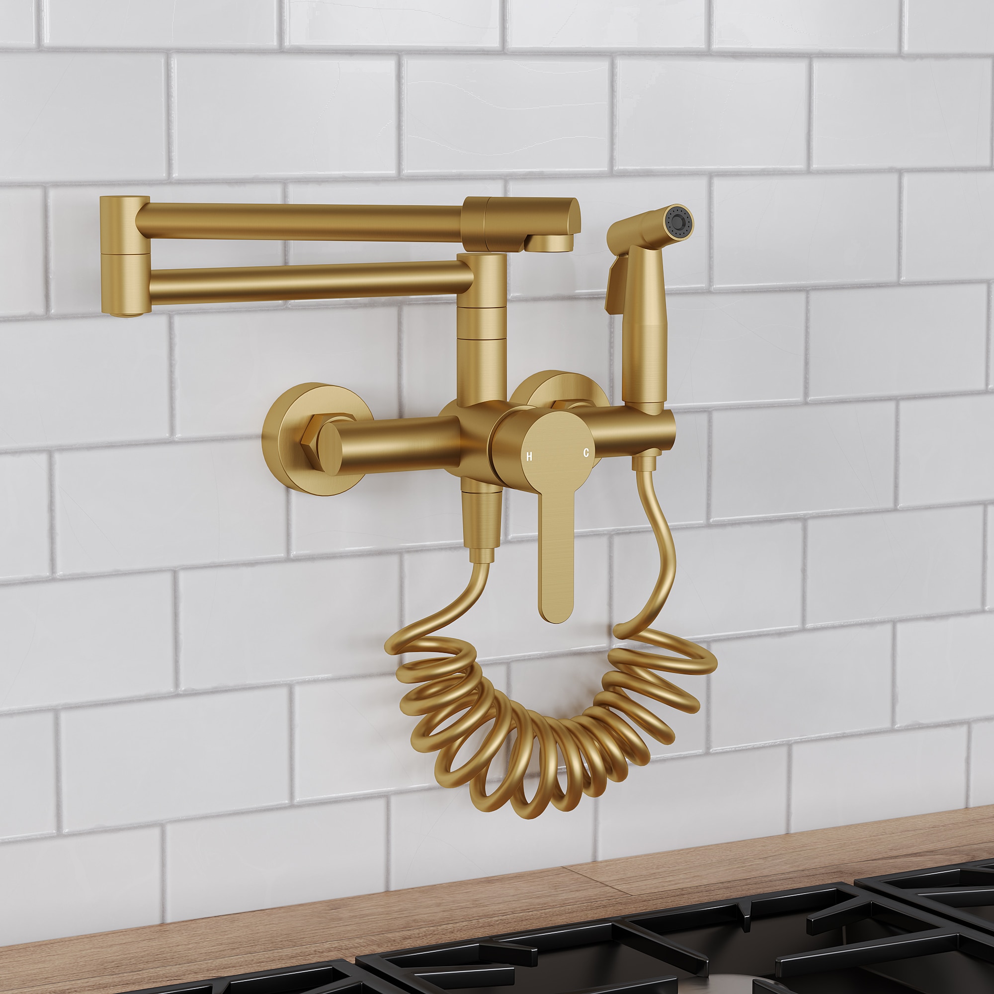 EVERSTEIN Q-906-OTOP Brushed Gold Single Handle Wall-mount Filtered Pull-out Kitchen Faucet with Sprayer ( Side Sprayer Included )