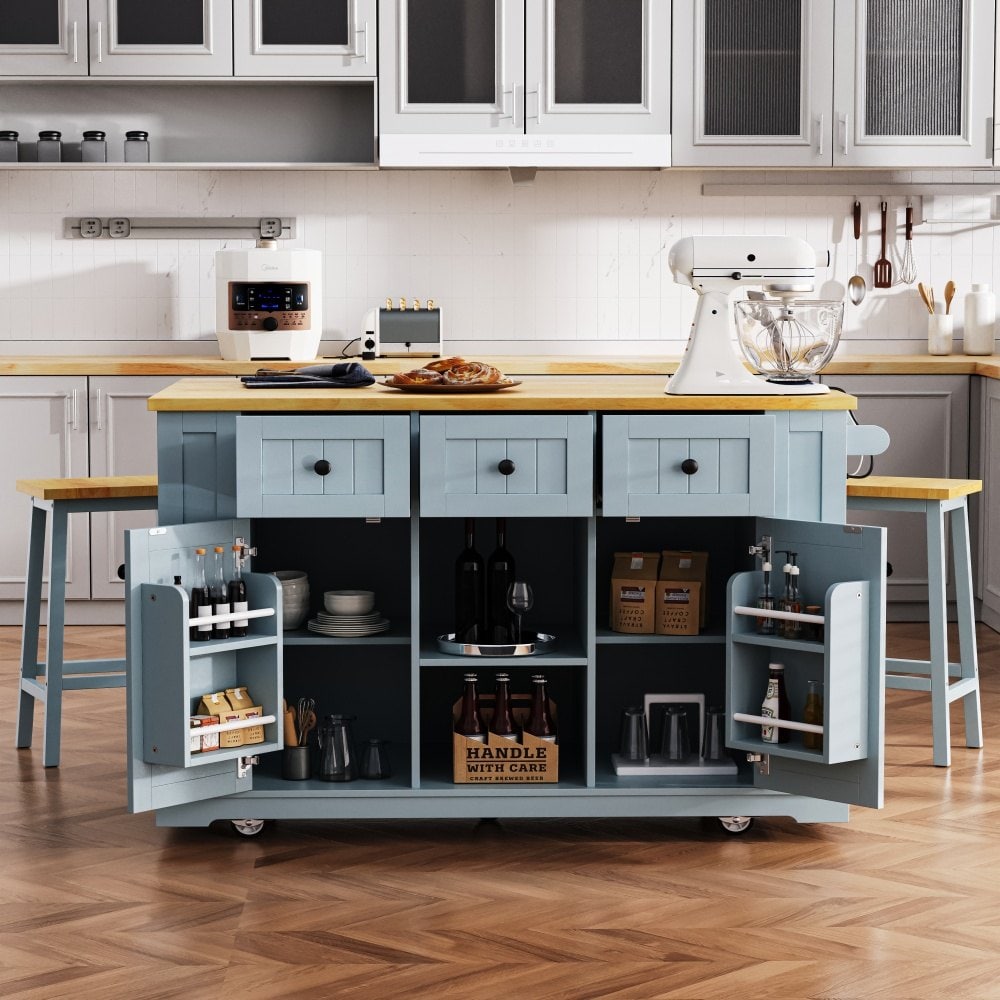 Coolbibila Gray Blue Drop Leaf Power Outlet MDF Rectangular Rolling Kitchen Island Cart with Storage