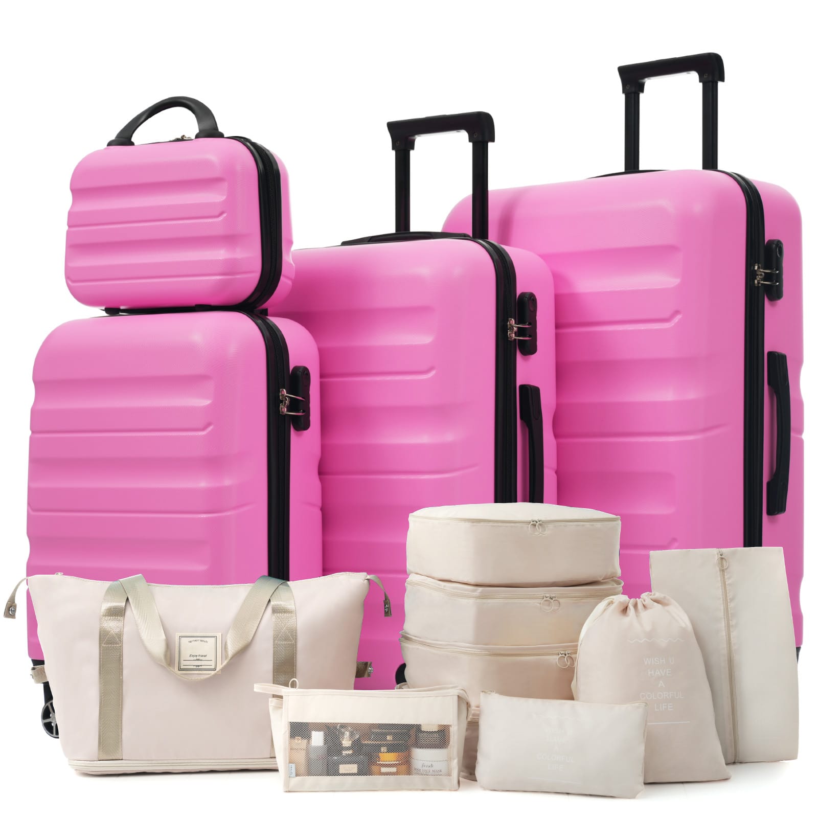 Vynxaria  Hardshell ABS Luggage Set Lightweight Durable with Dual Spinner Wheels 12 20 24 28 inch W Expandable Duffel 8 Piece Packing Cubes Pink