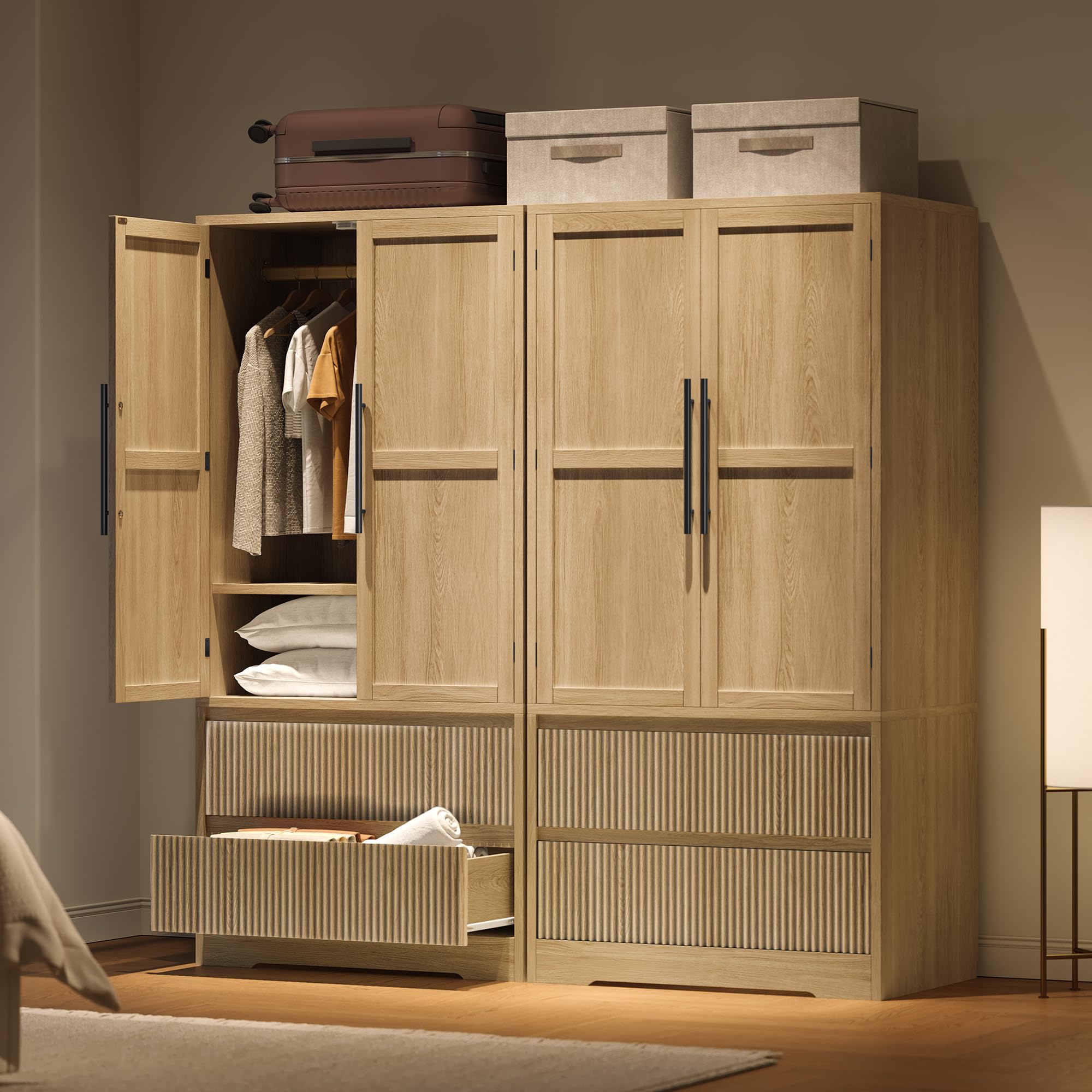 Garvee LHL-PHO-34GU37EE Bed Wooden Armoire Freestanding Closet 2 Drawers Shelves and Hanging Rod for Dinnerware Clothes Natural
