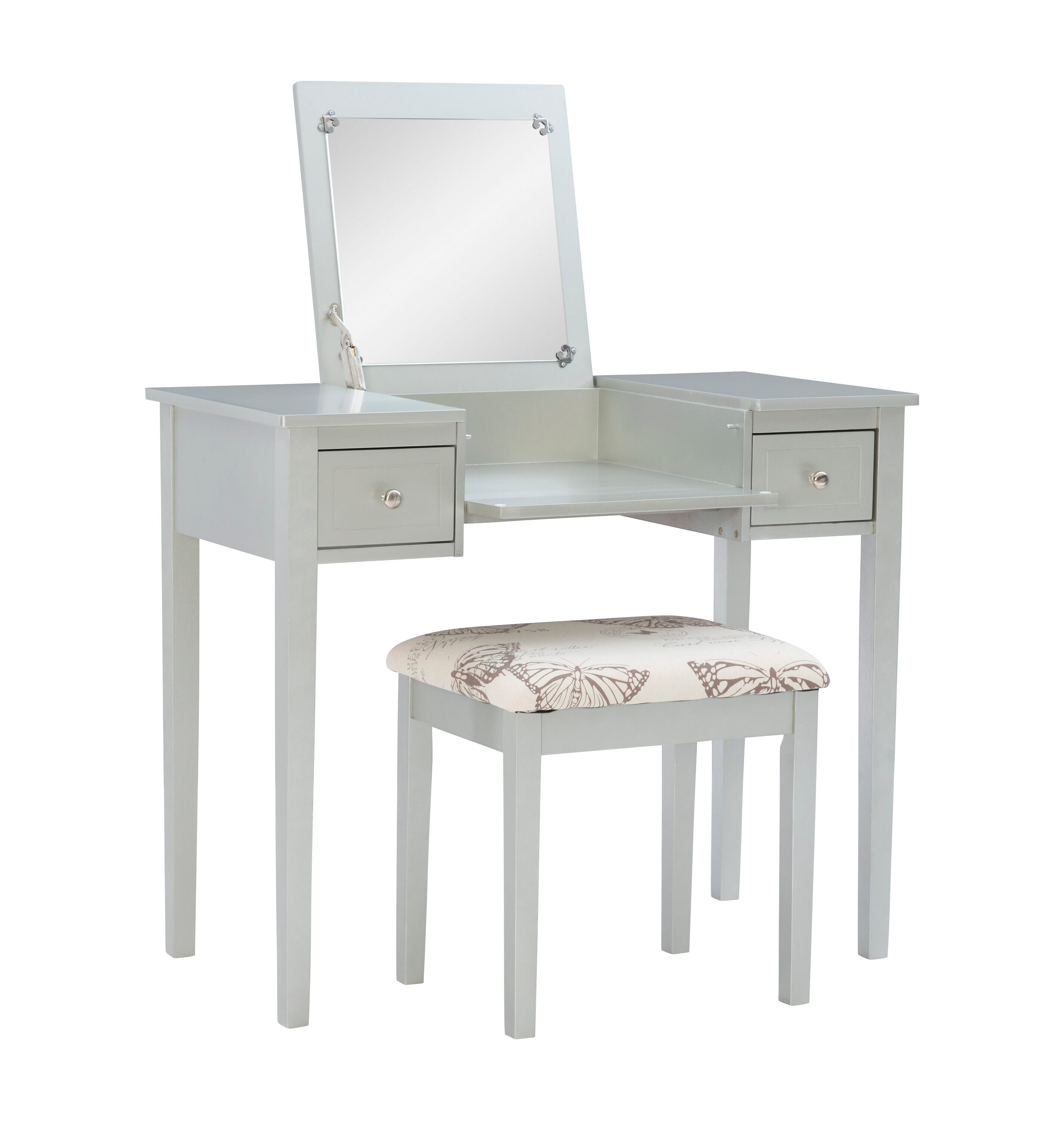 Linon 98135SIL01 36.00-in Silver, Rubberwood, MDF, Mirror, Solid Wood, Foam, Fabric Makeup Vanity