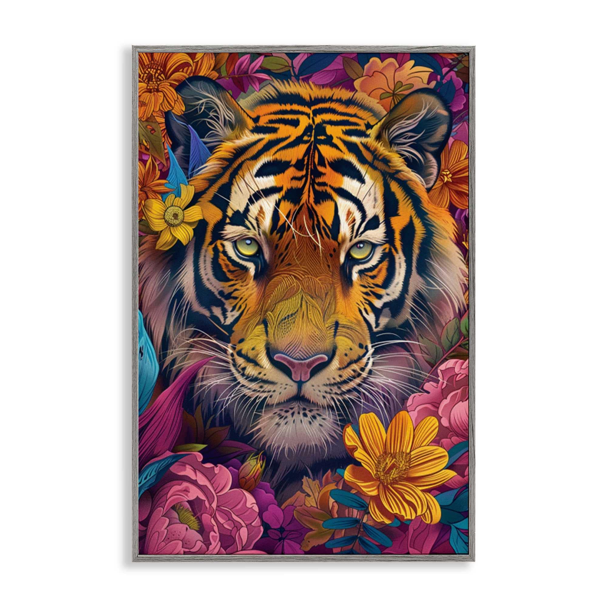 Stupell Industries BT-892-GFF-12X18 Peering Tiger Through Flowers Gray Framed Giclee Art By LSR Design Studio 12 x 18