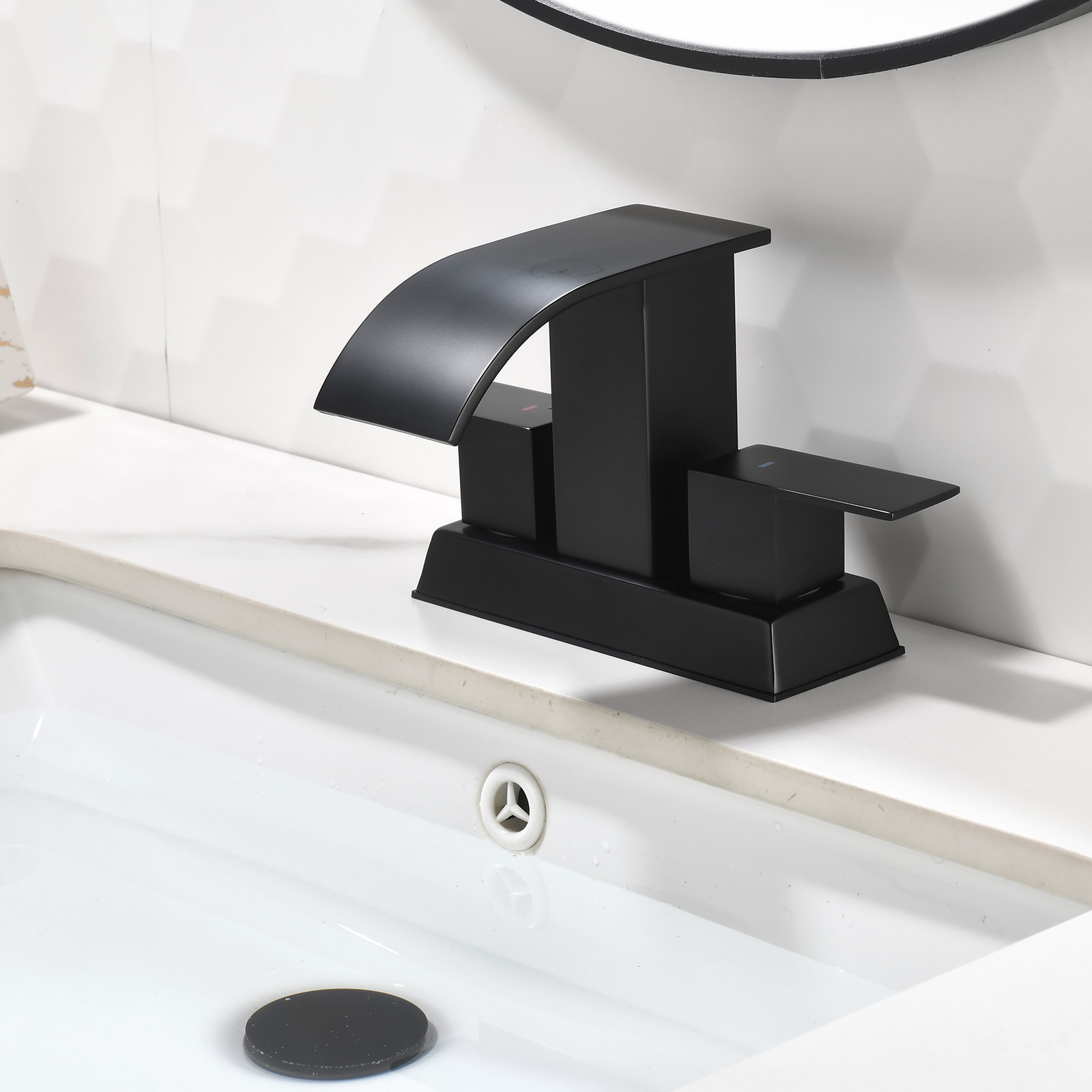 Dimakai - 4 Inch Centerset Waterfall Bathroom Faucet with Dual Handles and Pop Up Drain Black