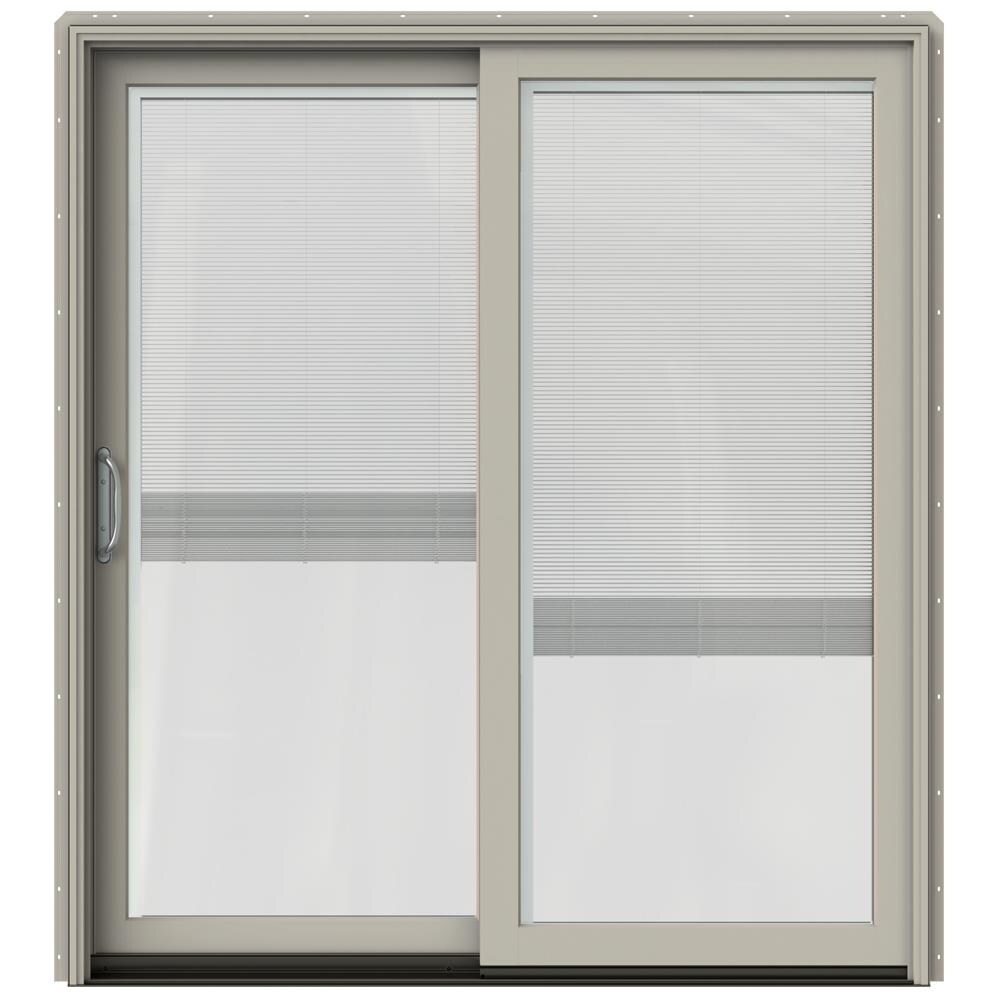 JELD-WEN LOWOLJW220100357 72-in x 80-in Low-e Blinds Between The Glass Desert Sand Clad-wood Sliding Left-Hand Sliding Double Patio Door Screen Included