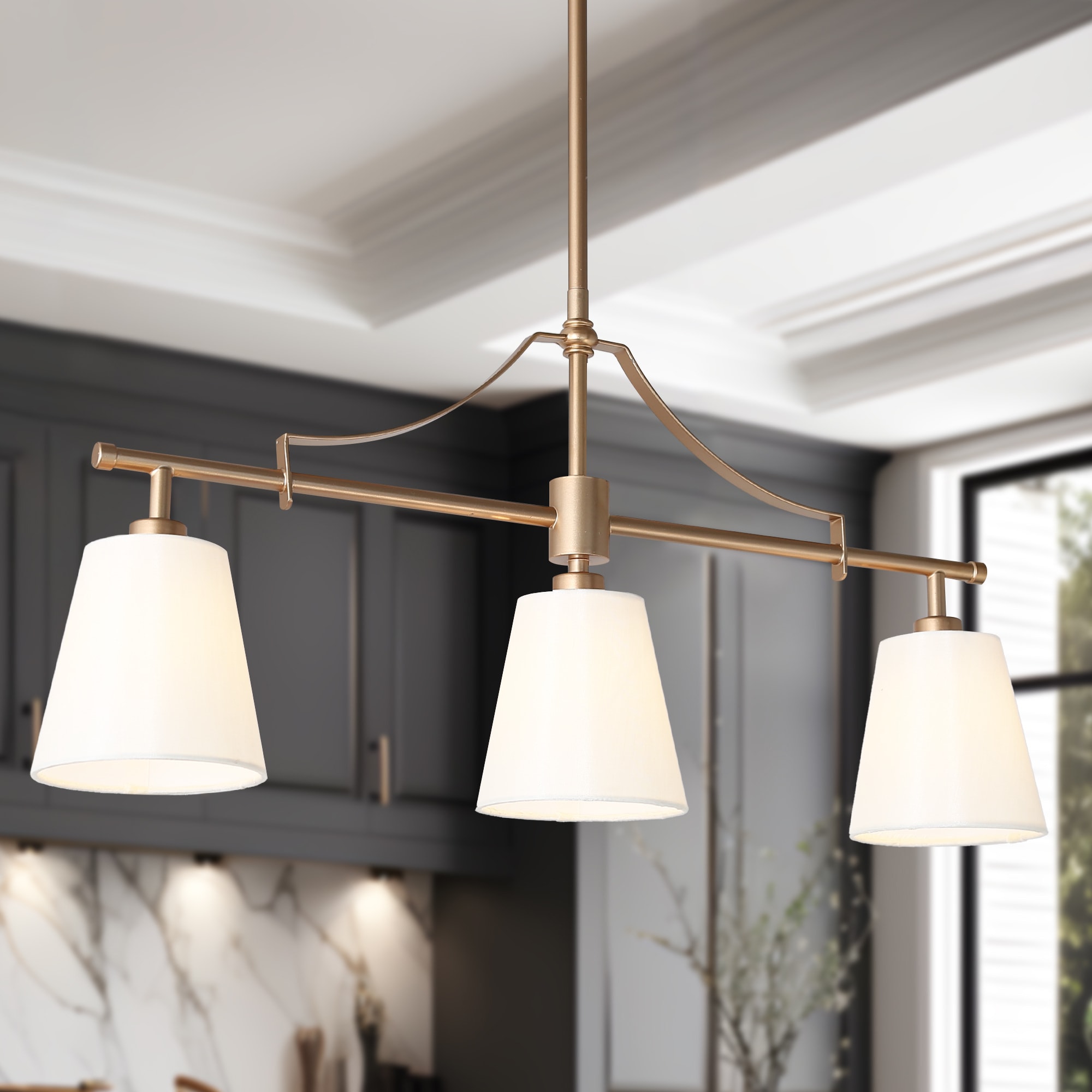 Uolfin AZ2UQQ-LWS24169-L7 Transitional 3 -Light Depth Gold and Fabric Shade Modern/contemporary Linear Large Hanging Kitchen island light