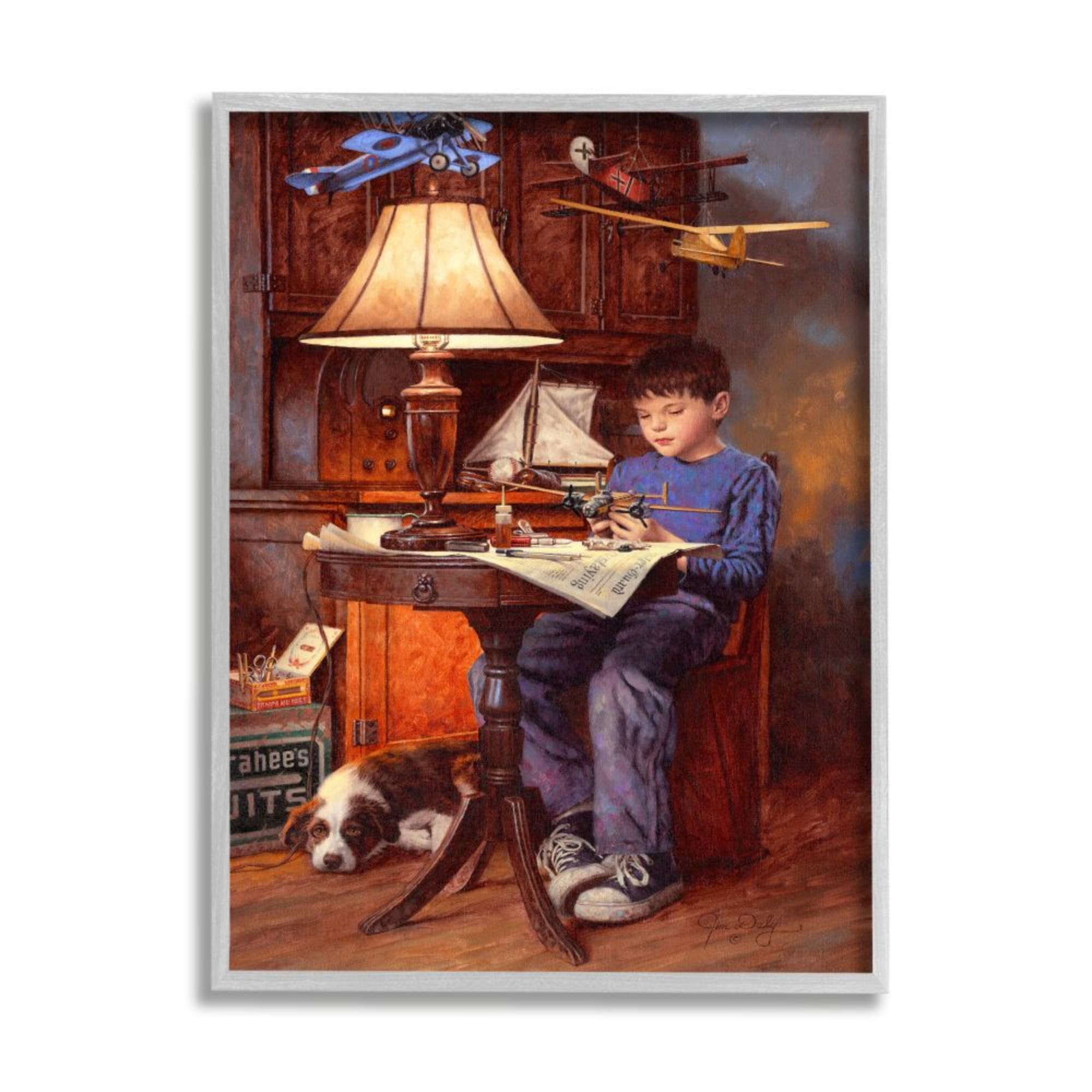 Stupell Industries AC-362-GFF-16X20 Boy with Model Airplanes Pet Dog Blue Brown Jim Daly Framed 20-in H x 16-in W People Print