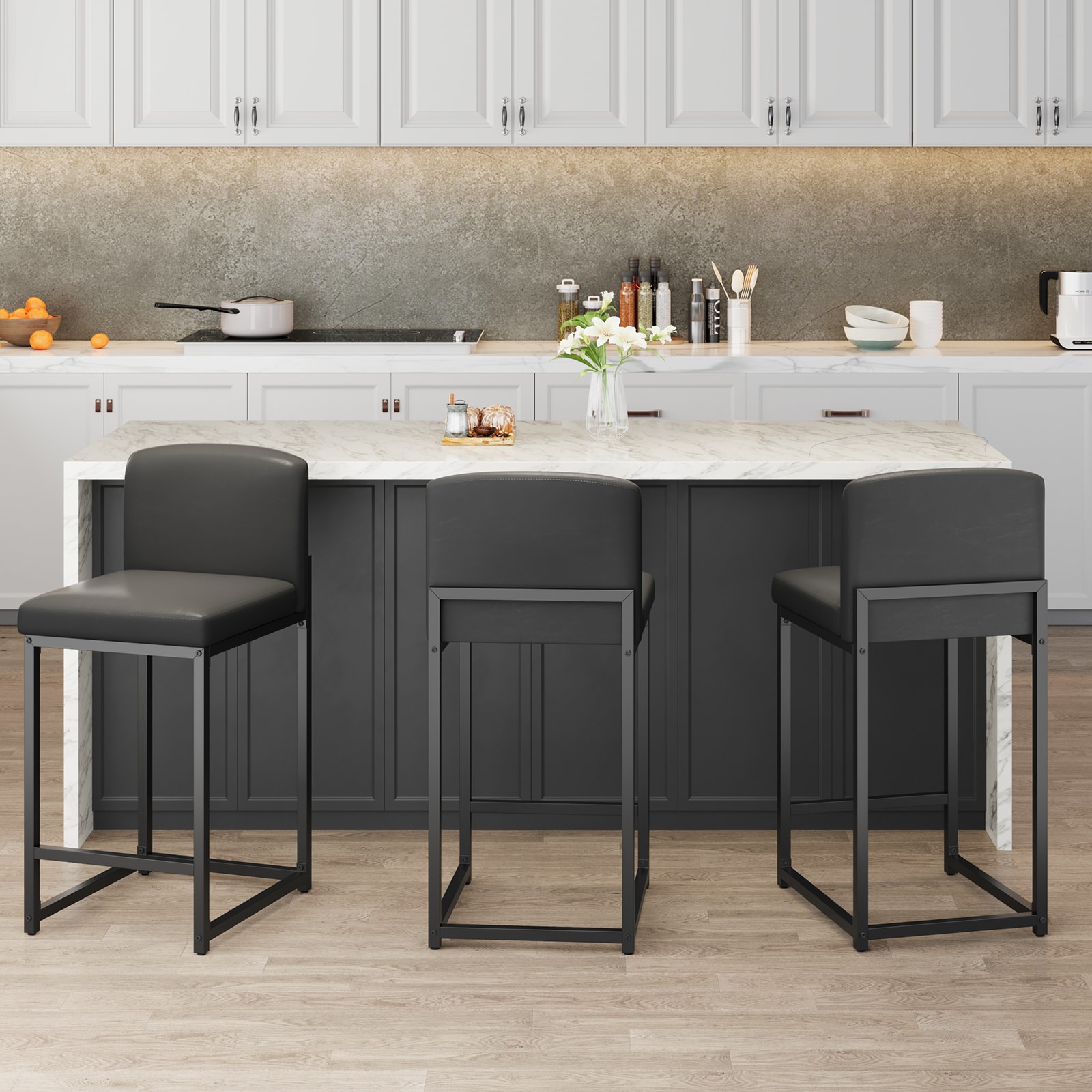 Garvee - Set of 2 Modern Counter Height Bar Stools 24.8 Inch Faux Leather Upholstered Chair with ...