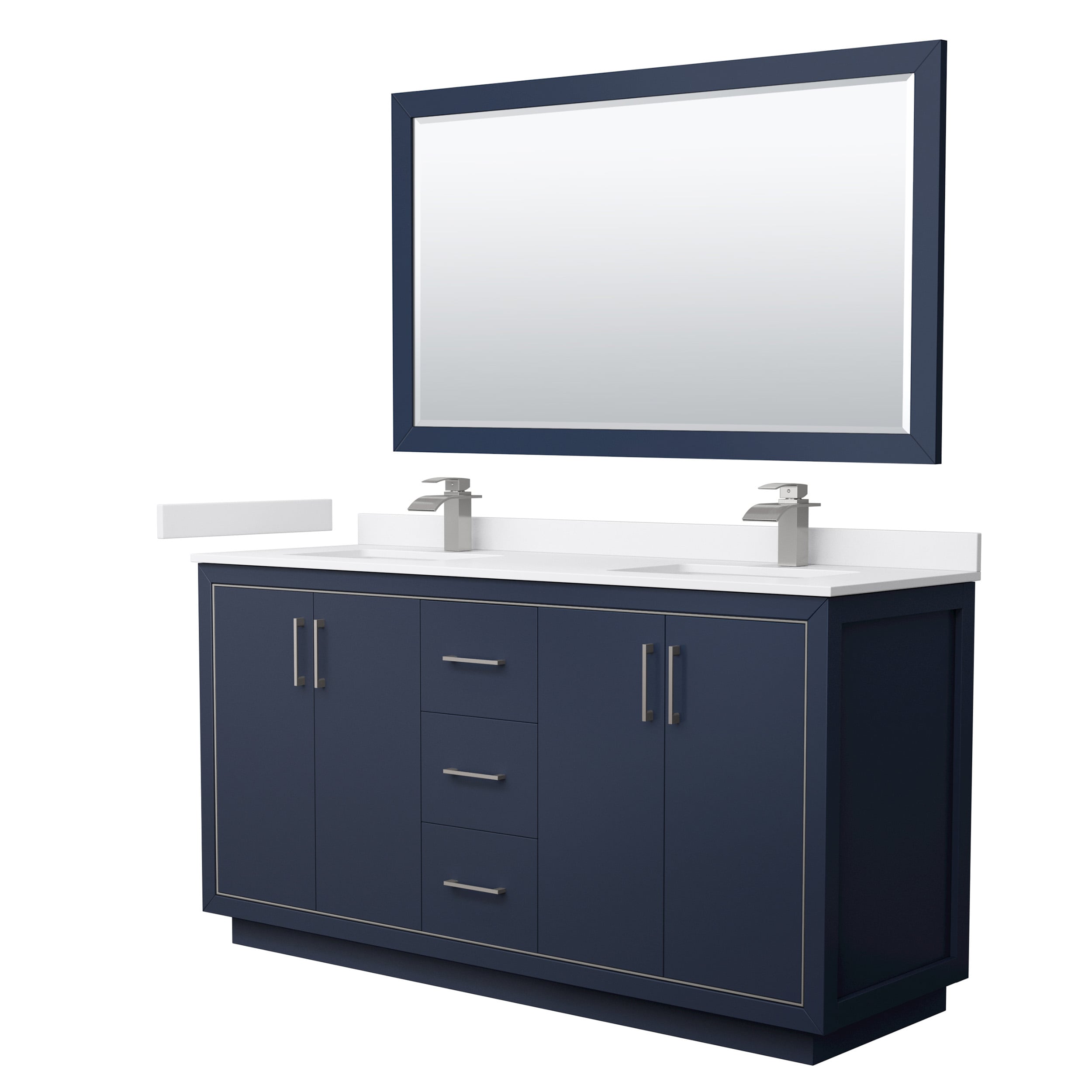 Wyndham Collection WCF111166DBNWCUNSM58 Icon 66-in Dark Blue with Brushed Nickel Trim Undermount Double sink Bathroom Vanity with White cultured marble Cultured marble Top (Mirror Included)
