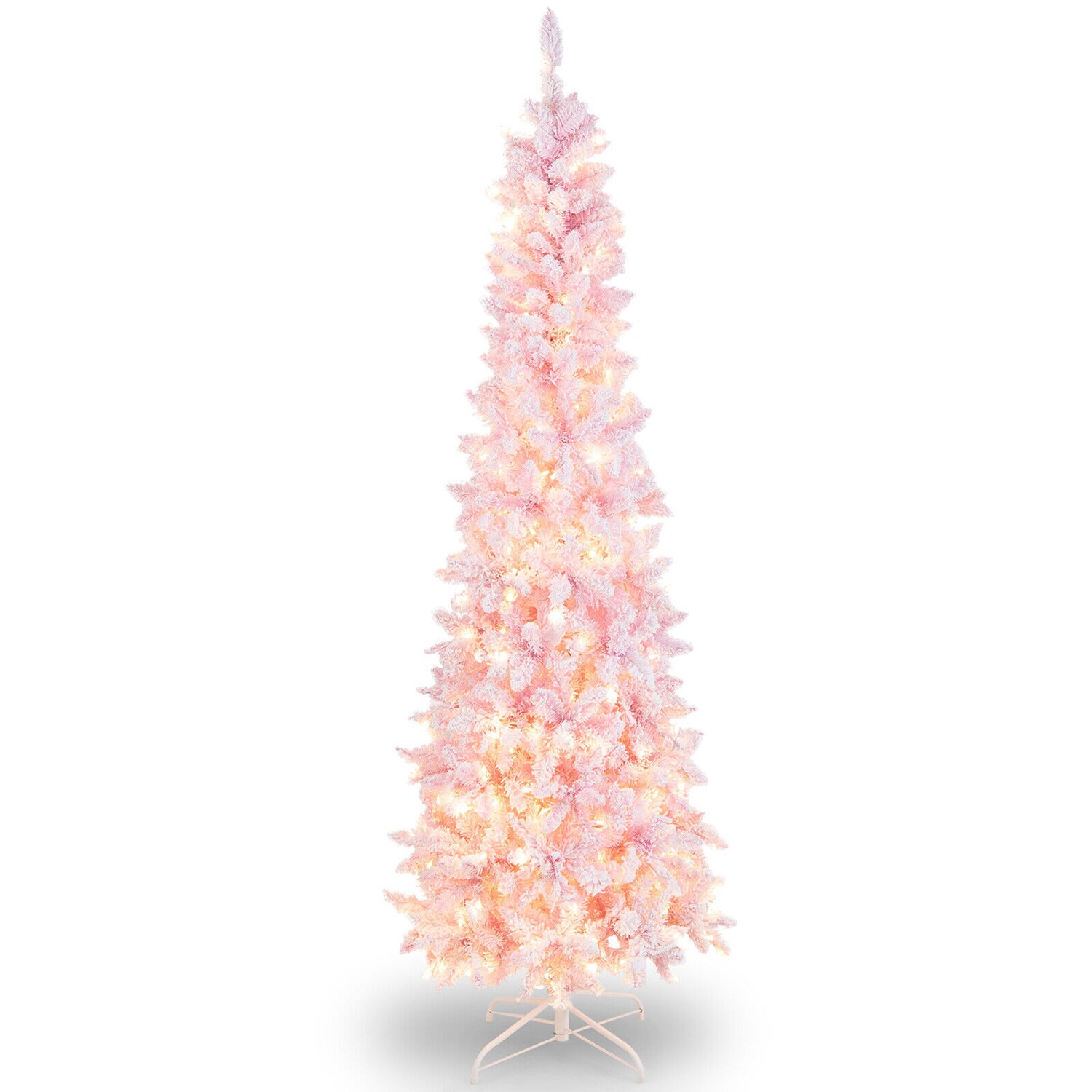 WELLFOR HYJ23972 7 Pre-lit Slim Flocked Pink Artificial Christmas Tree with White LED Lights