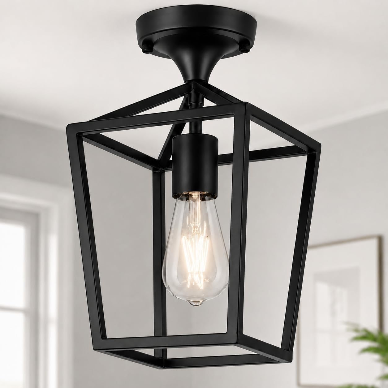 Slagawa  Matte Black Semi Flush Mount Ceiling Light with Metal Cage Shade for Hallway Kitchen Bedroom