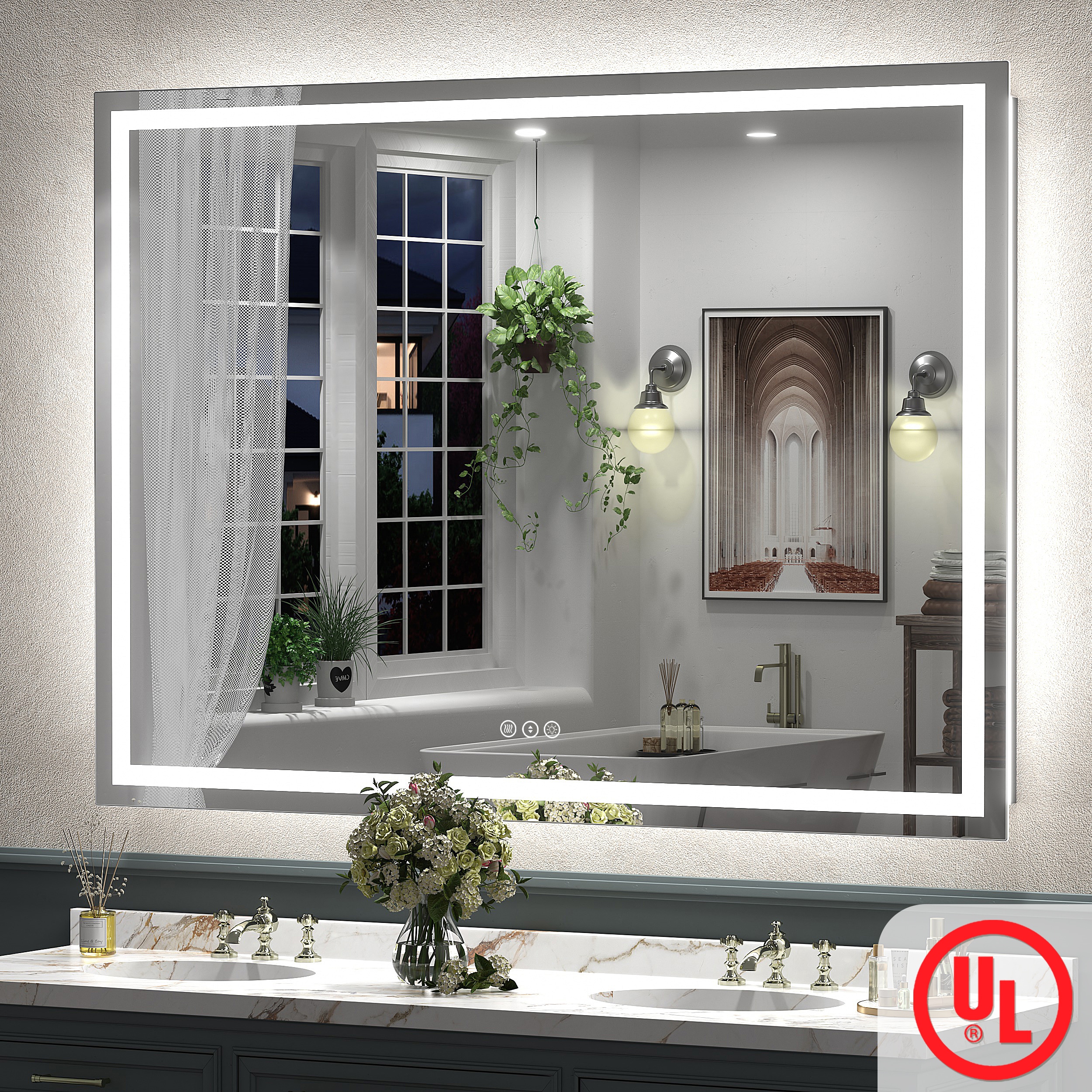 Apmir 55-in W x 40-in H UL Certified Front and Back LED Anti-Fog Stepless Dimmable 3-Color Lighting 3-Year Warranty Tempered Glass Bathroom Vanity Mirror