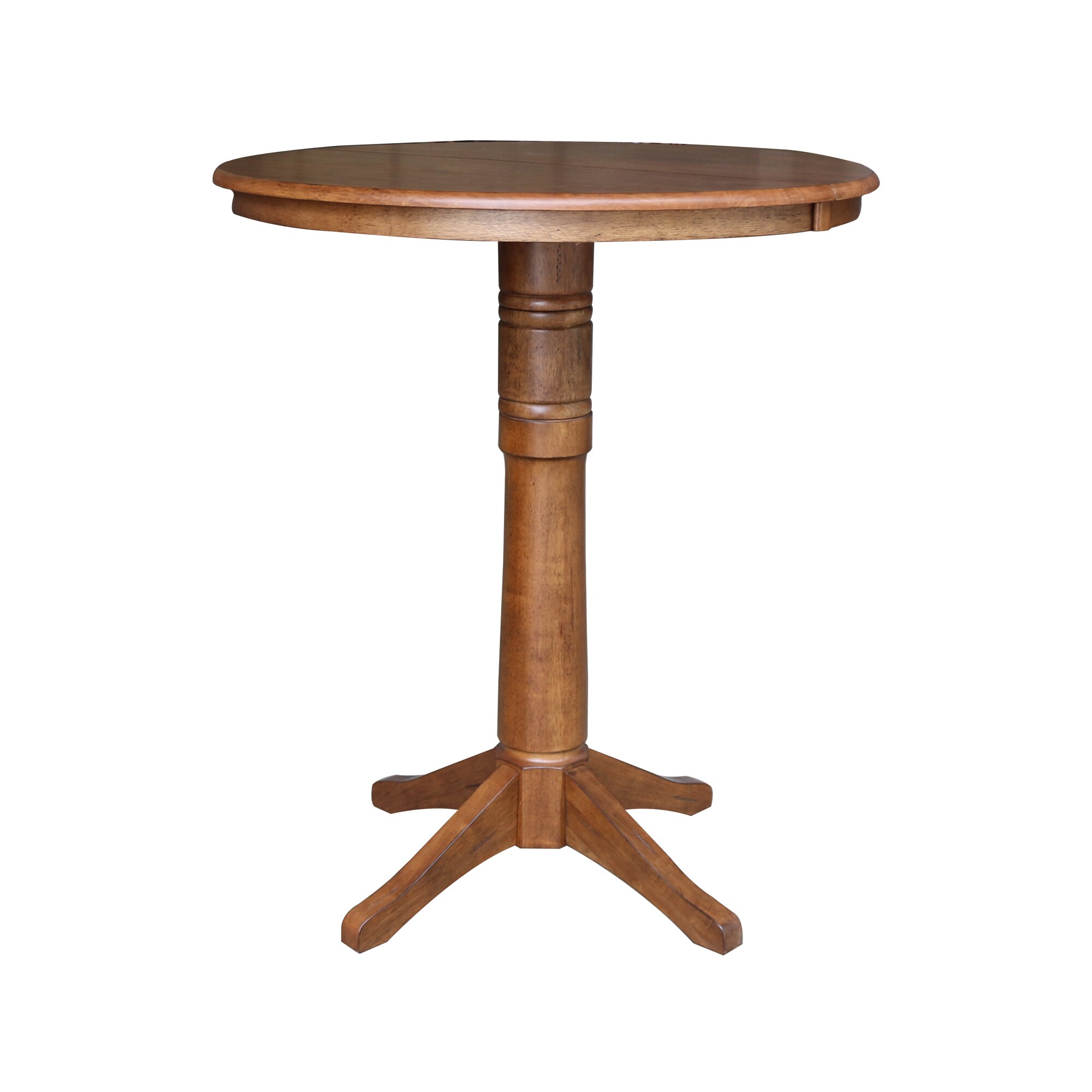 International Concepts K42-36RXT-27B-6B-2 Distressed Oak Round Traditional Extending Removable leaf Bar Table, Wood with Distressed Oak Wood Pedestal Base 48-in L x 42.1-in H