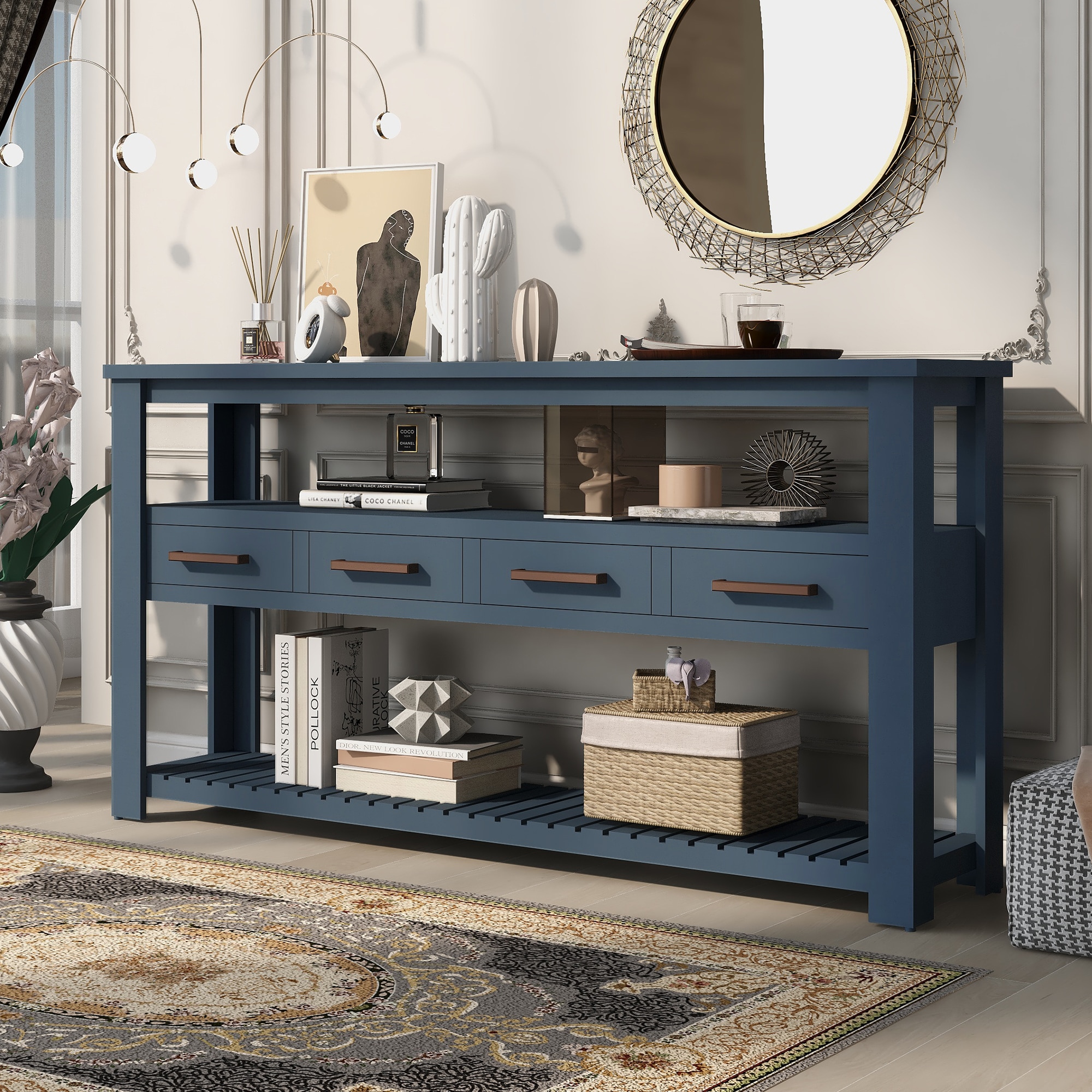 ModernLuxe N711P234484V 622inchLarge Entryway Table with 4 DrawersPainted Console Table with 3Tier Open Shelves and Metal HandlesVersatile Hallway Sofa Table for Living Room Bedroom Foyer and Kitchen