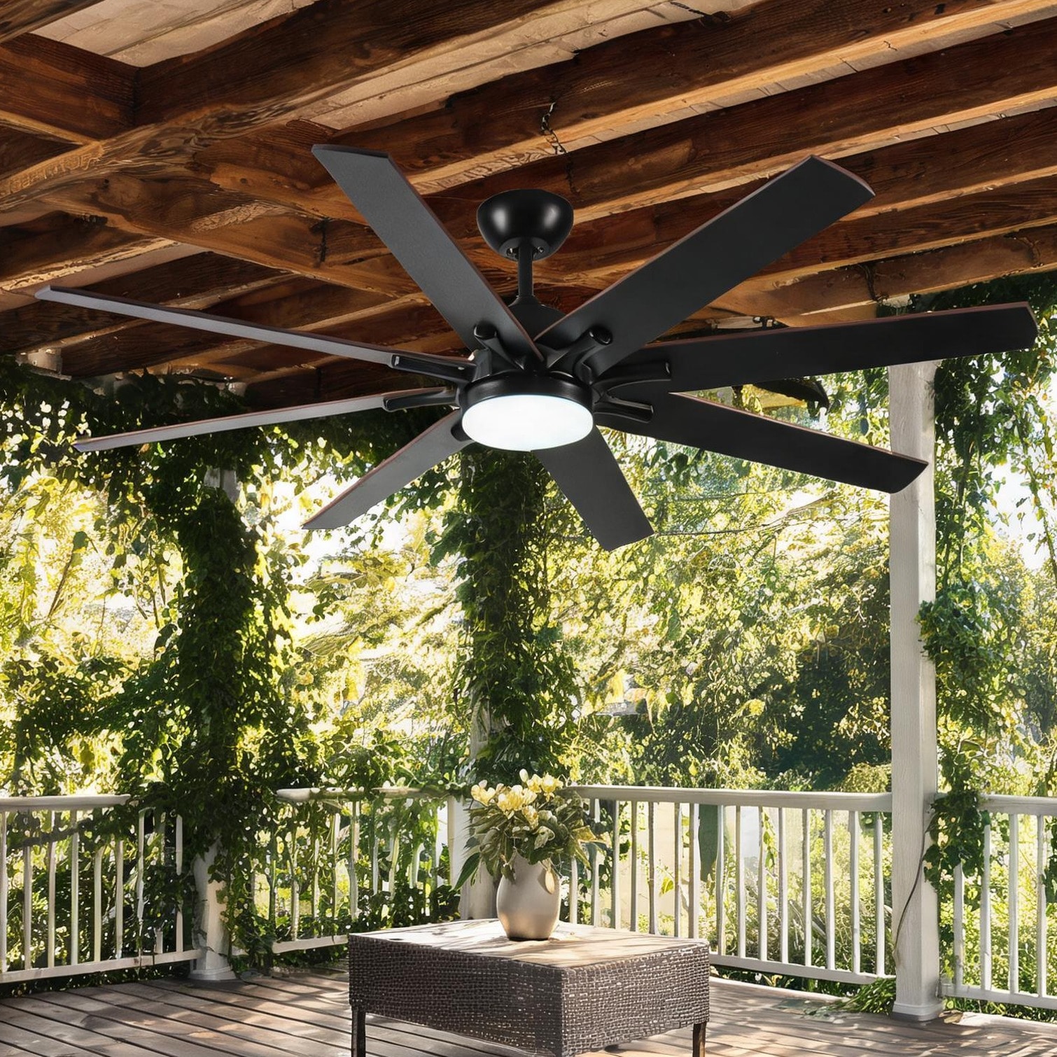 Naturefalls Modern 72-Inch Ceiling Fan with Light and Remote Indoor/Outdoor Black-Toned ABS 8 Reversible Blades 6-Speed DC Motor