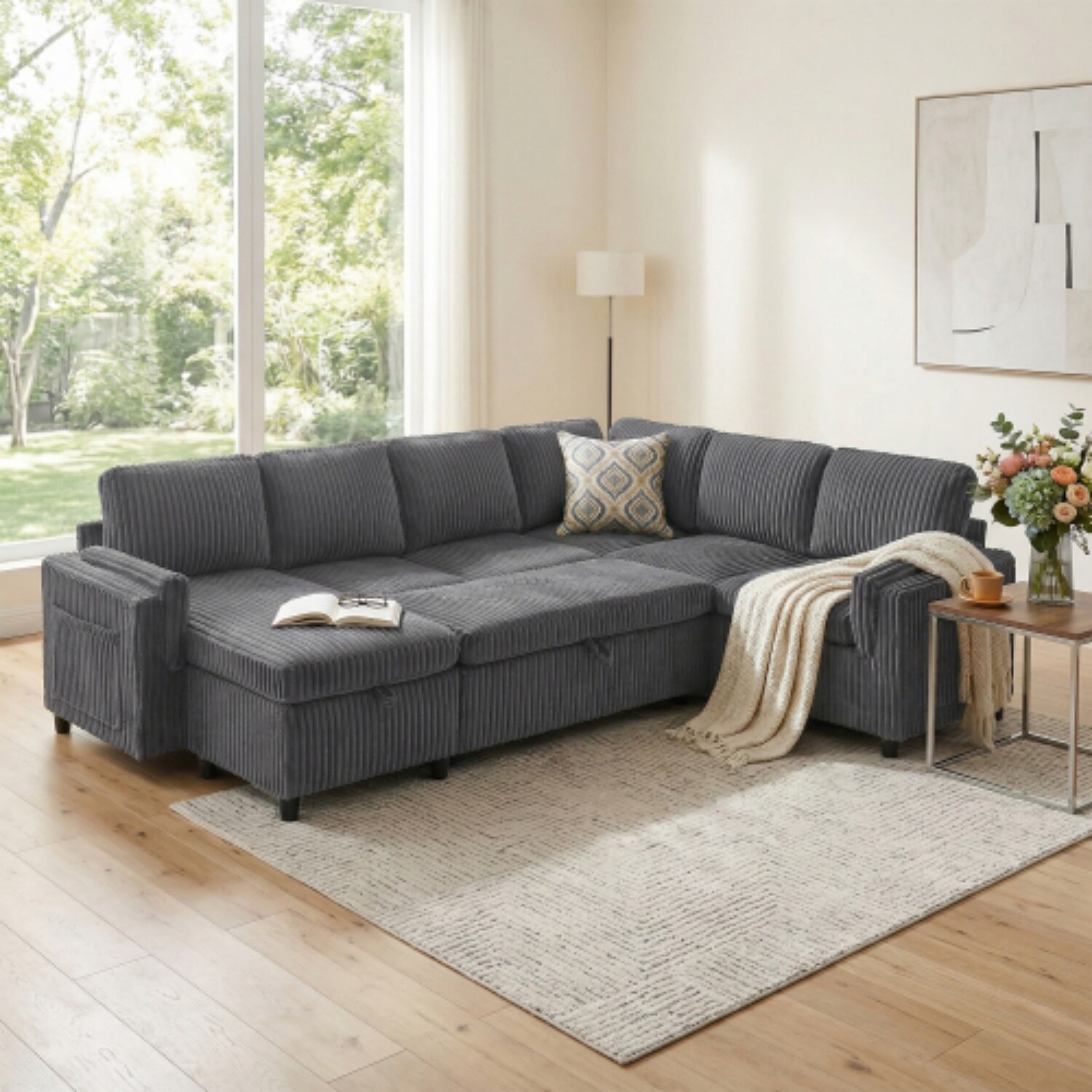 Dimakai - 111in U Shape Convertible Sofa Bed with Pull Out Sleeper Storage and USB Ports Grey