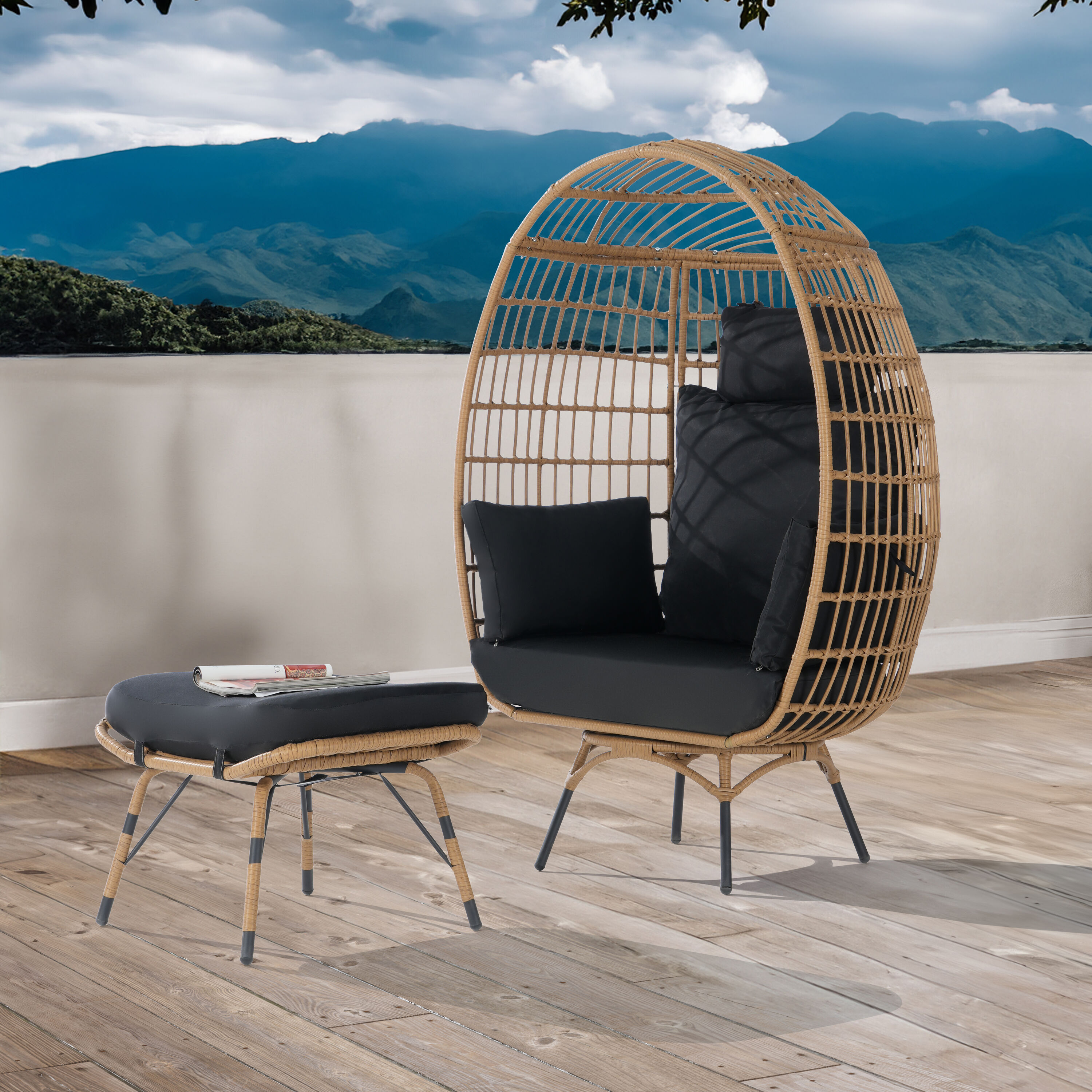 SANSTAR L-RJDC66BK-AD 2 -Piece Wicker Patio Conversation Set with Black Cushions