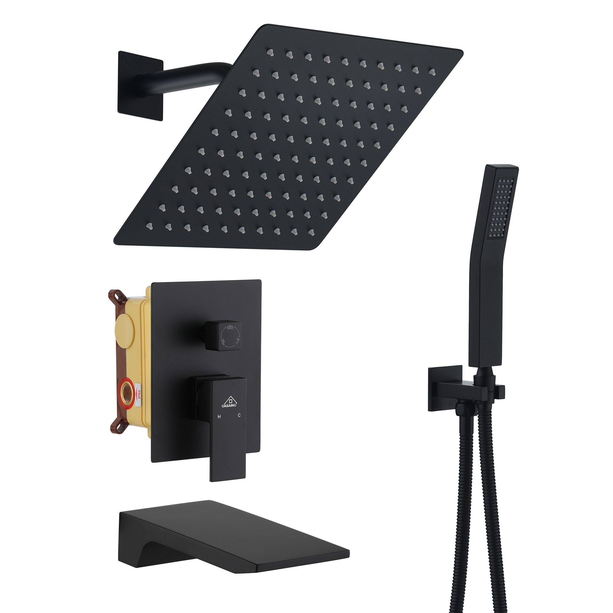 CASAINC MCS182-12MB Luxury Matte Black 12-in Built-In Shower Faucet System with 3-way Diverter ( Thermostatic Valve Included )