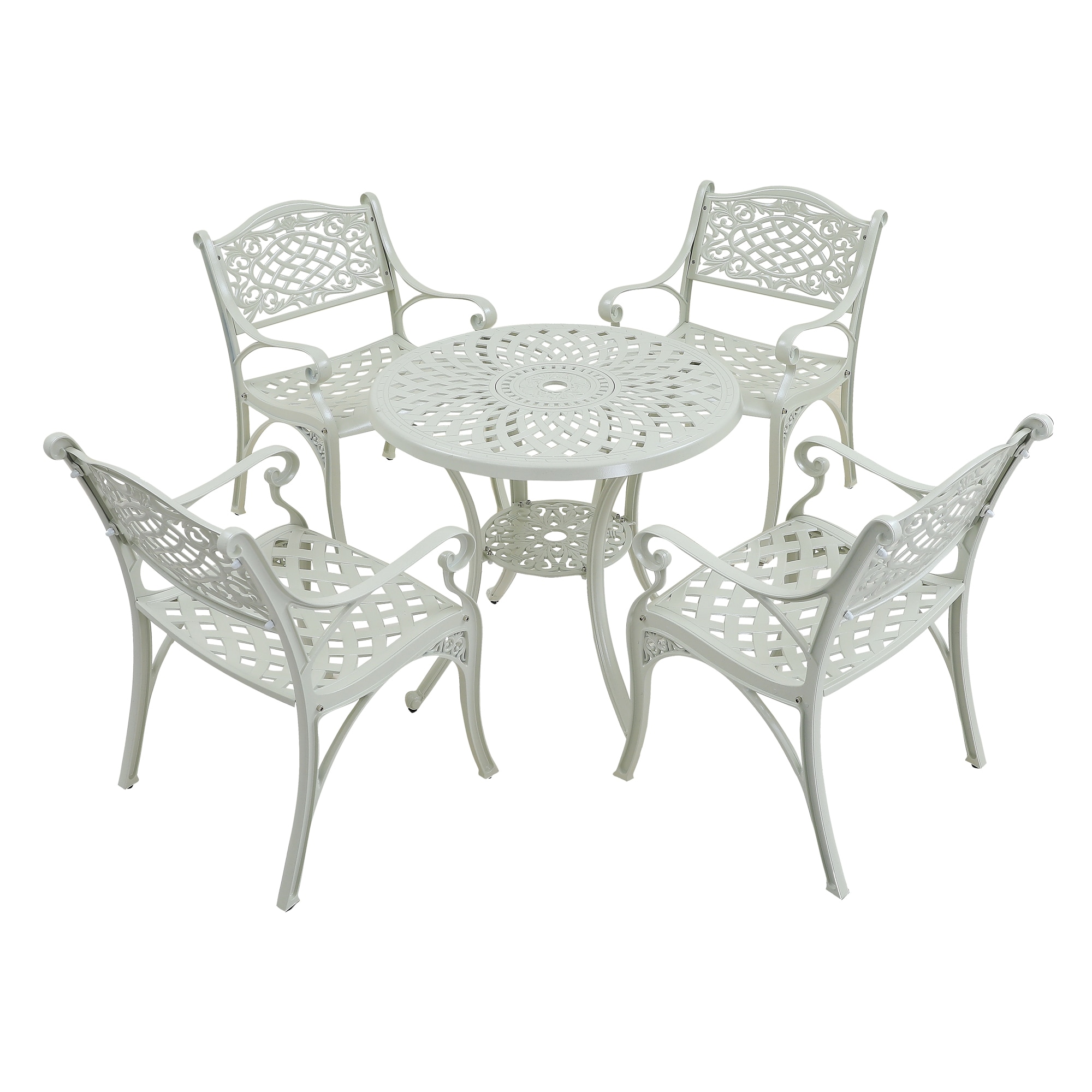 5-Piece White Patio Dining Set Aluminum Round Table with 4 Stackable Stationary Chairs | - Mondawe MA-GC8641