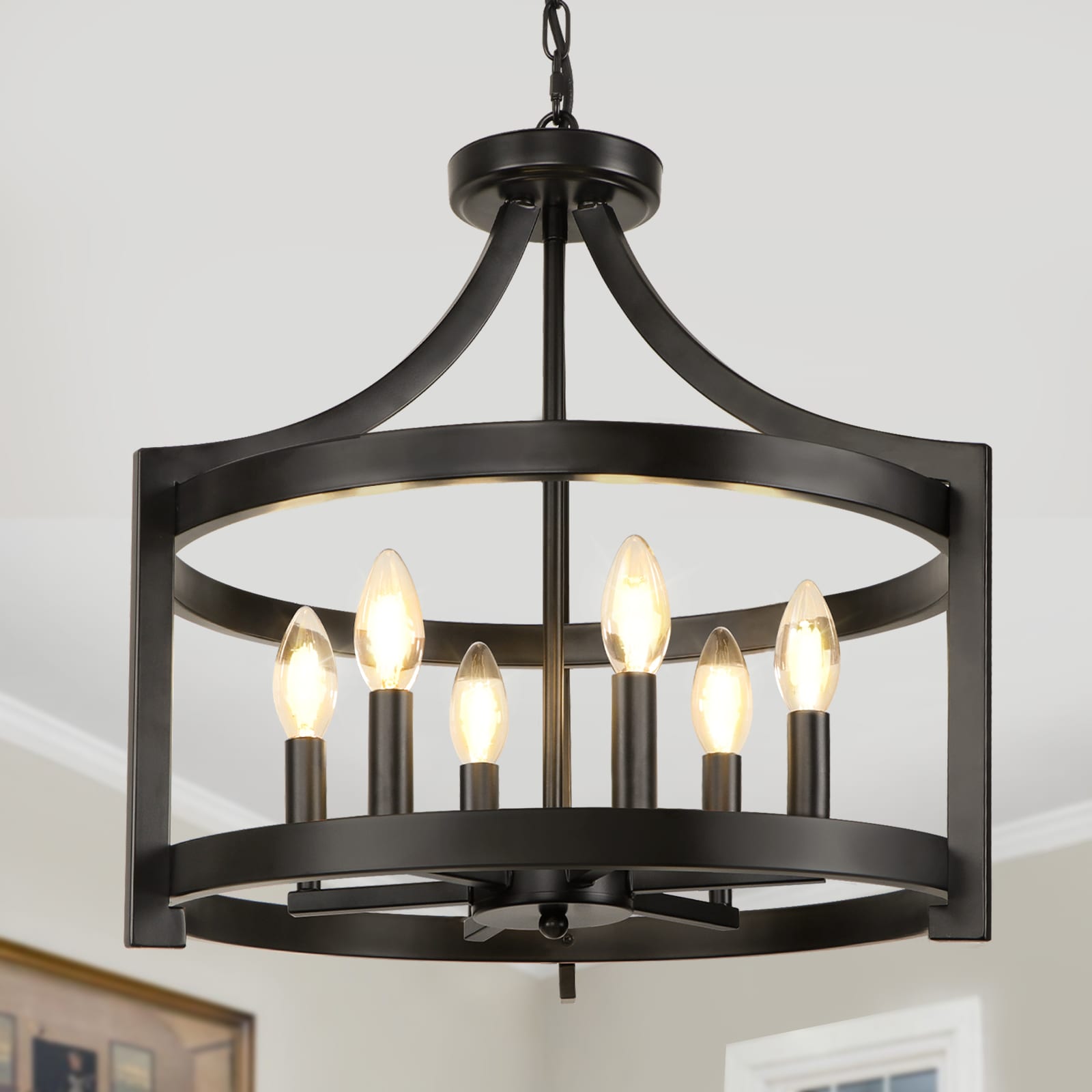 WBinDX 6 Light Matte Black Modern Farmhouse Chandelier 19.3 Inch Convertible Semi Flush Mount Ceiling Light Fixture Rustic Cage Geometric Hanging Lantern for Dining Room Foyer Entryway Kitchen Island Living Room Bedroom
