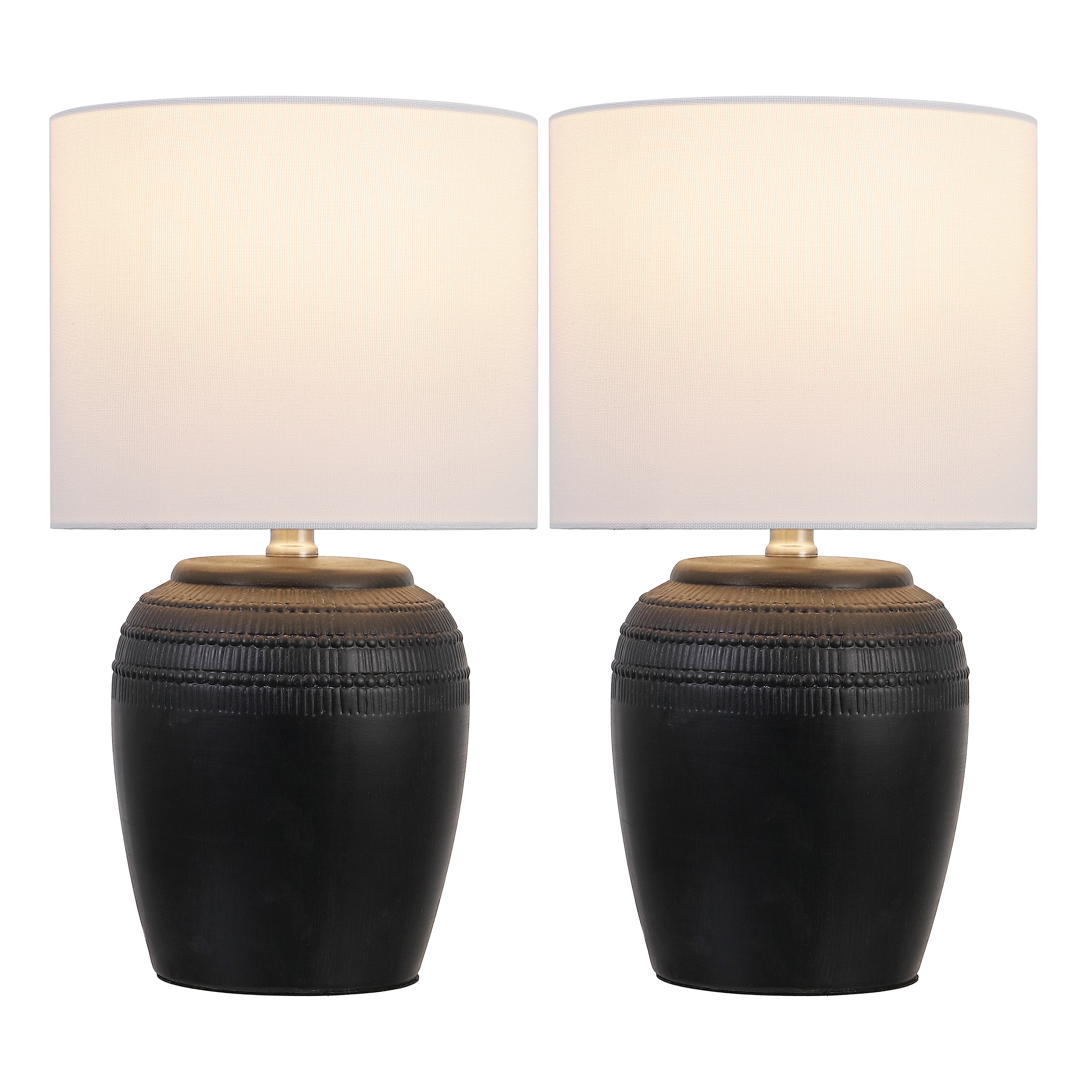 JONATHAN  Y Hugo 16.75" Traditional Rustic Reeded Ceramic Vase LED Table Lamp, Black/Nickel (Set of 2)