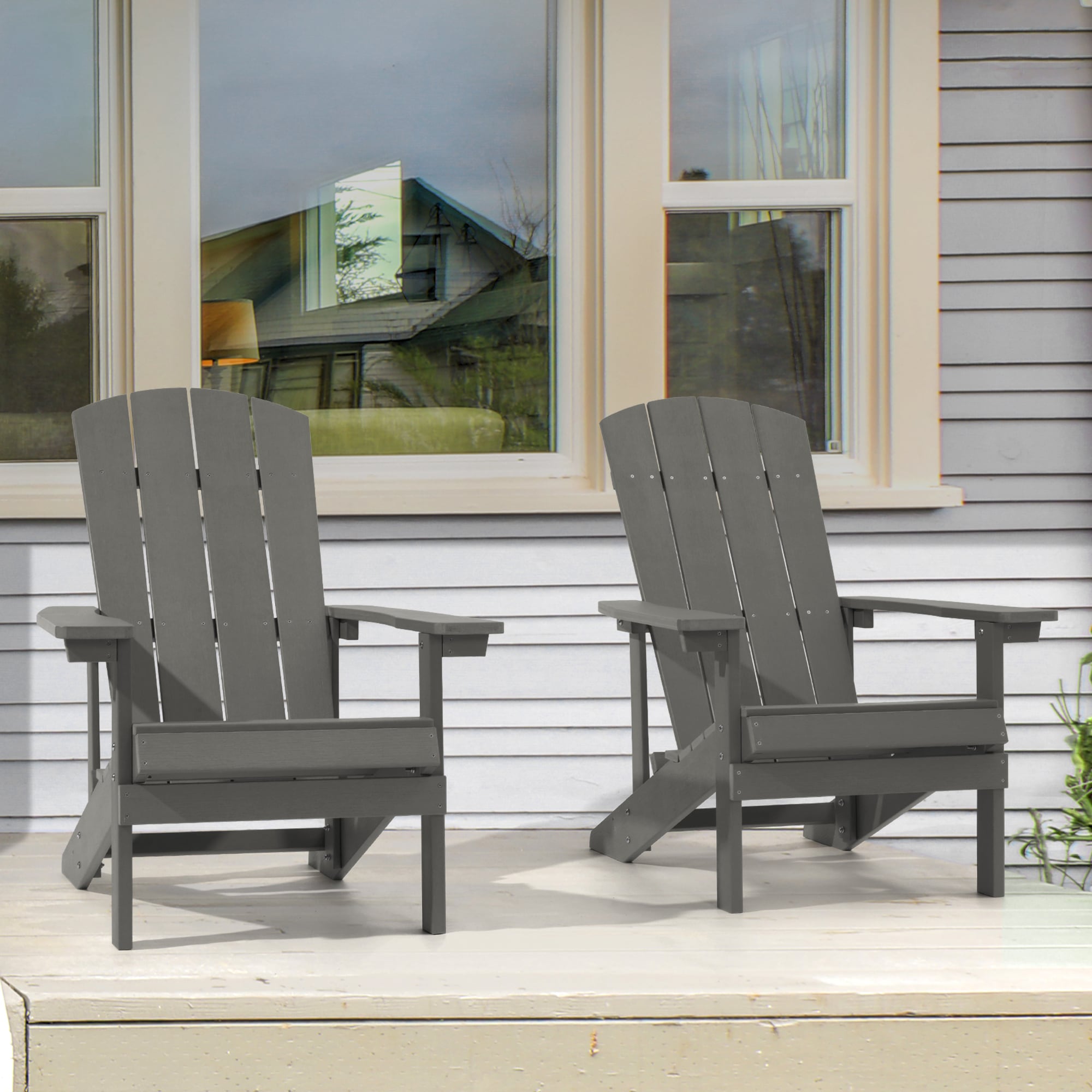Sonkuki SD-AD-B3GY-2 Adirondack Chair Set of 2 Charcoal Plastic Frame Stationary Adirondack Chair with Brown Slat Seat