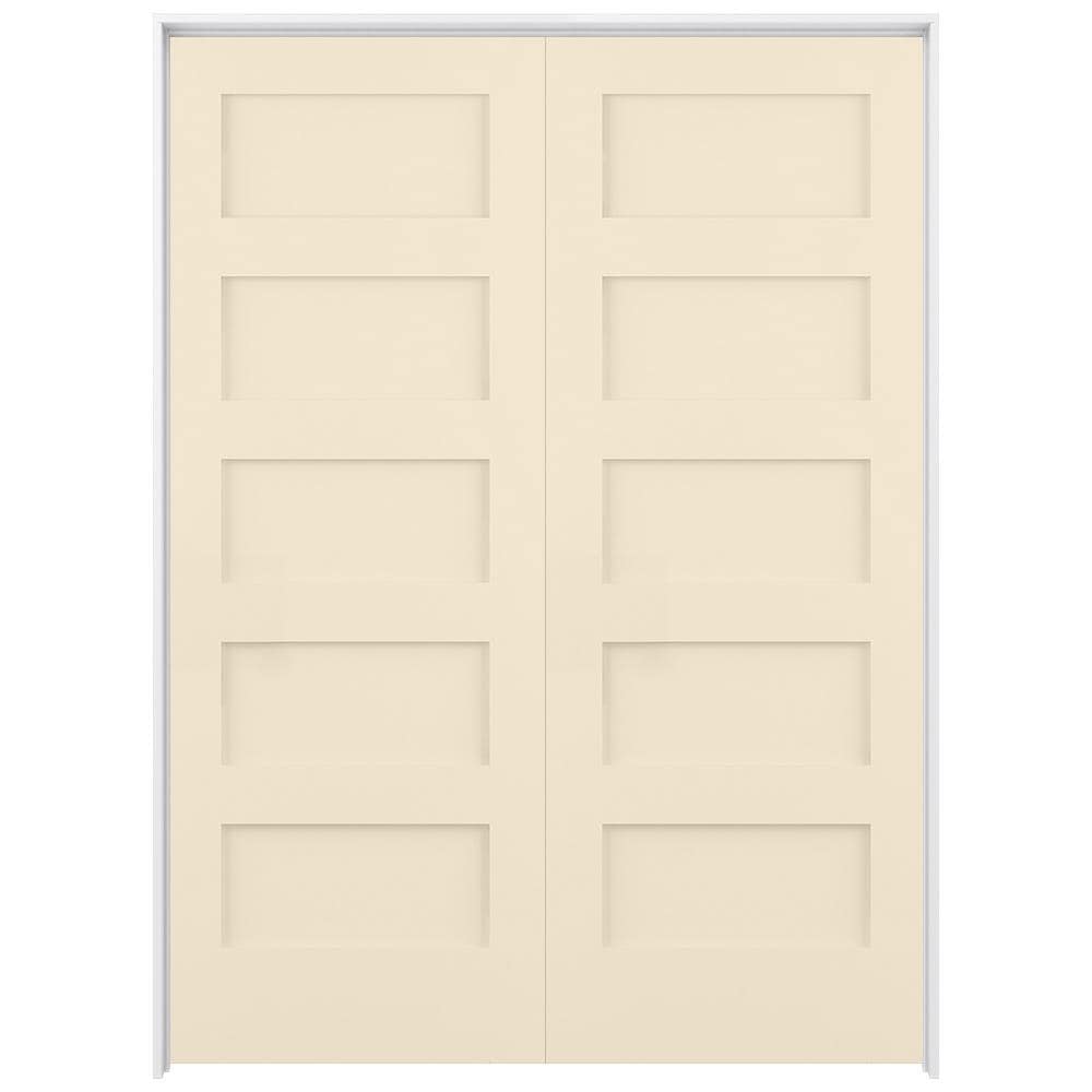 RELIABILT LO1369769 60-in x 80-in Cream-n-Sugar Solid core 5-panel equal Reversible/Universal Smooth Prefinished Pine Wood Flat Jamb Double Prehung Interior Door