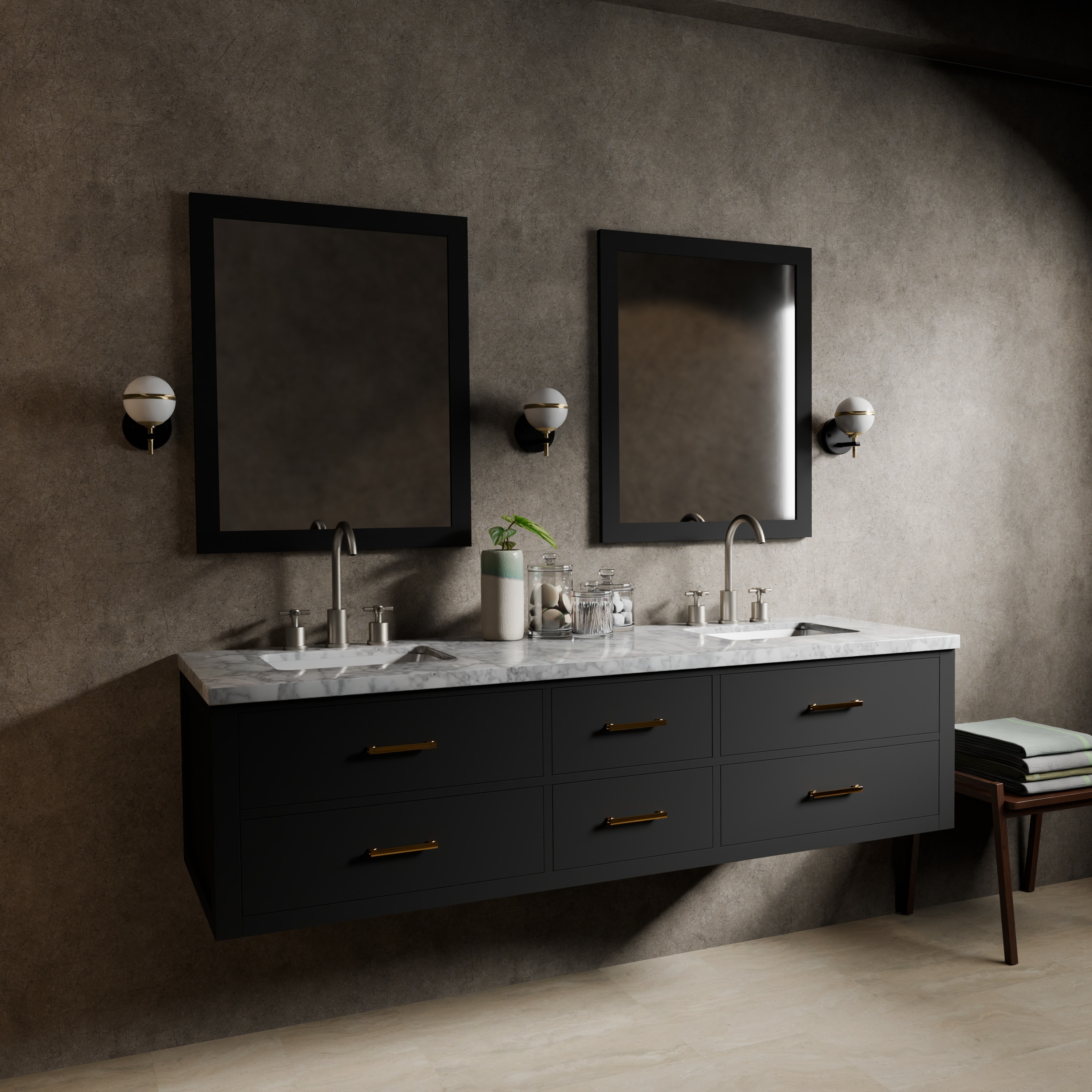 Lexora LVSO72DL100 Southold 72-in Black Undermount Double Sink Floating Bathroom Vanity with White Carrara Marble Top