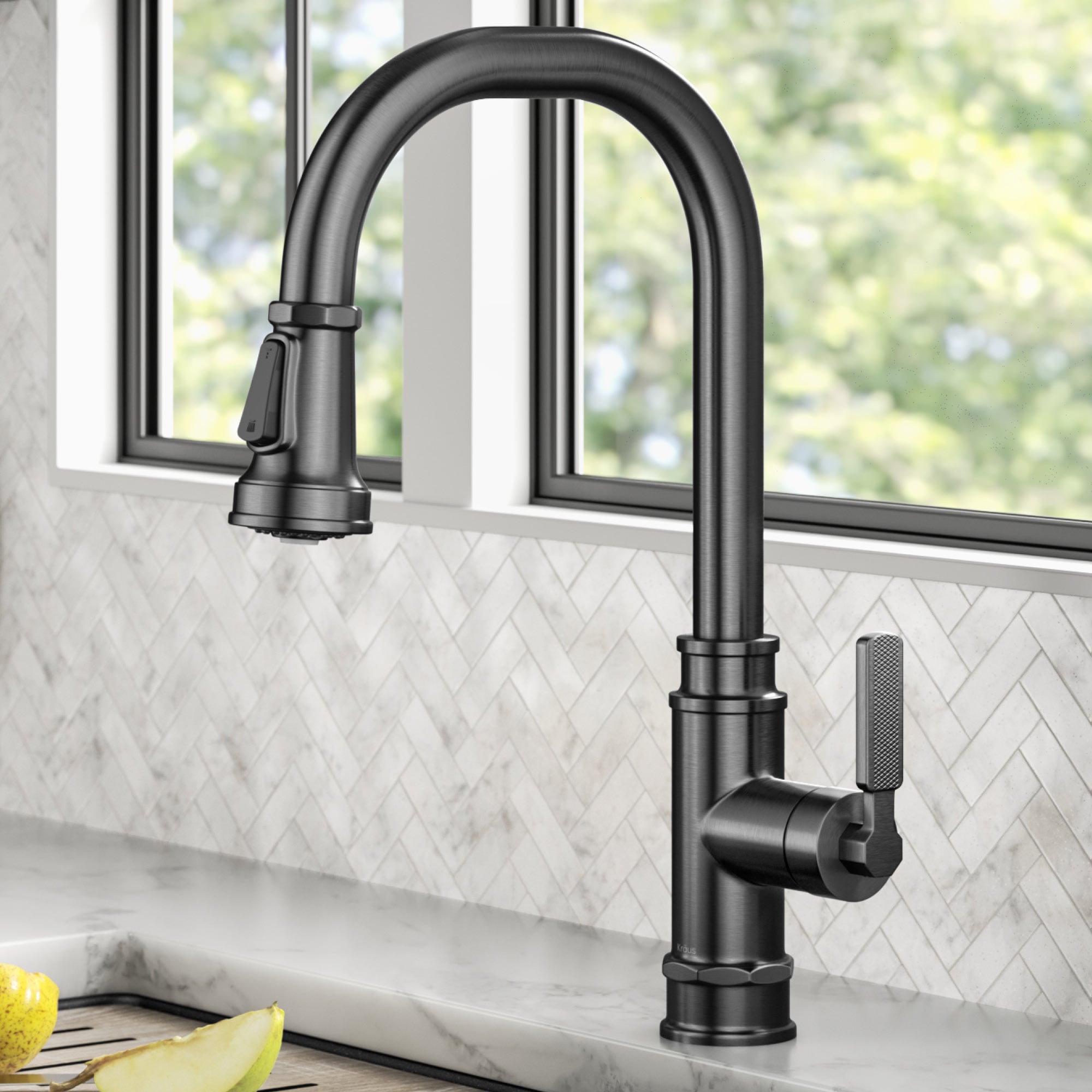 Kraus KPF-4101SFSB Allyn Spot Free Black Stainless Steel Single Handle Deck-mount Pull-down Kitchen Faucet with Sprayer