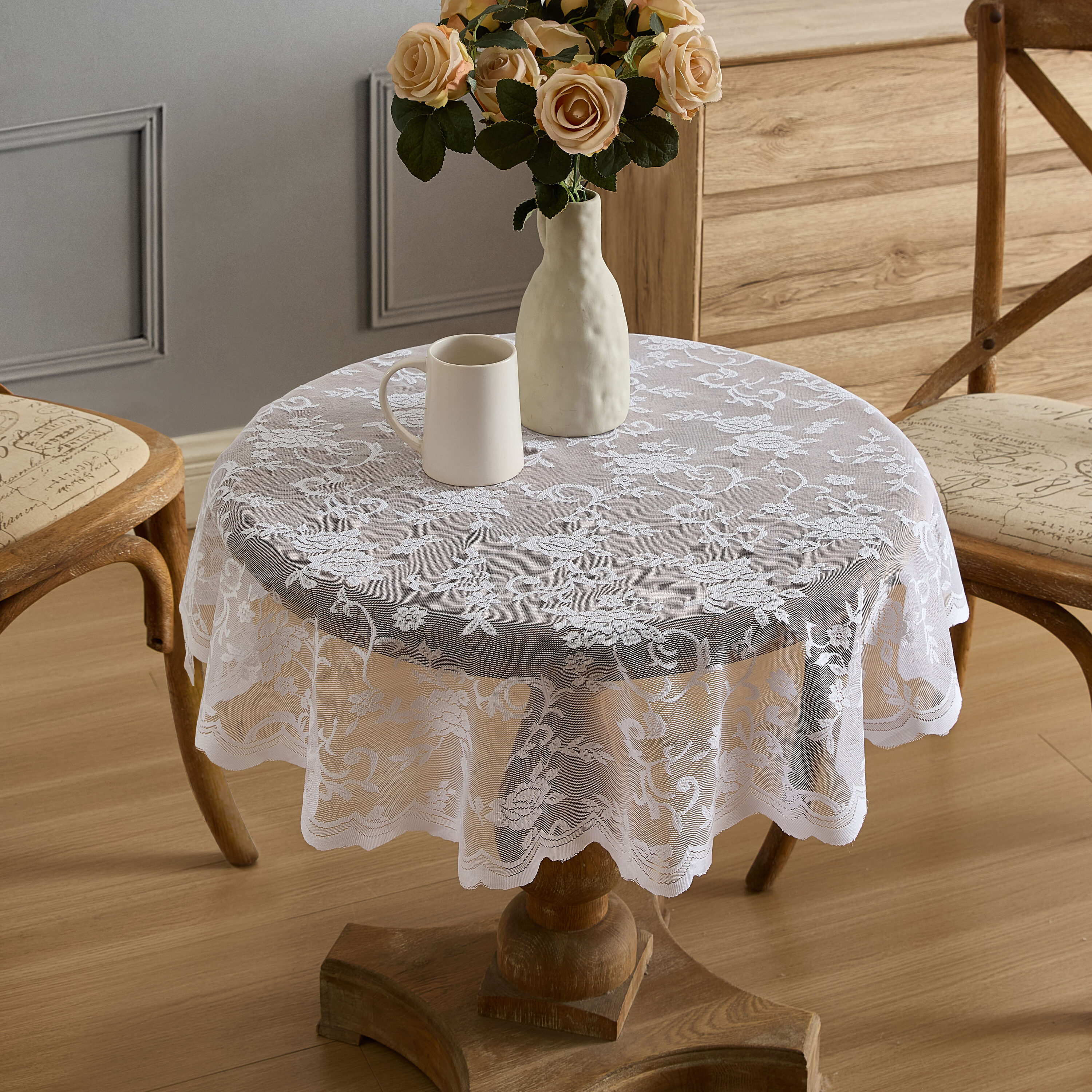 HLC.me HRPR-TBL-36RDWHT Harper Floral Lace Fabric Tablecloth for Round Tables - Wrinkle Resistant Lace Fabric - Table Cloth