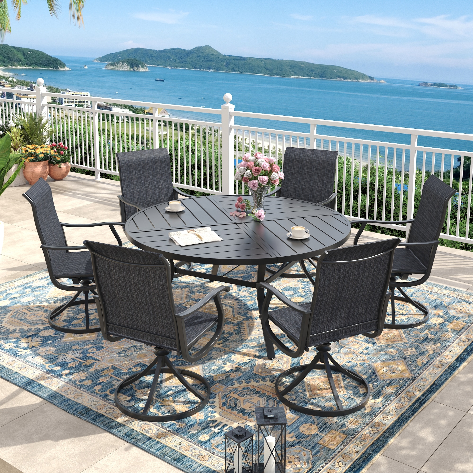VICLLAX - 6 Person Outdoor Round Table and Chairs 7 -Piece Black Patio Dining Set Steel Round Tab...