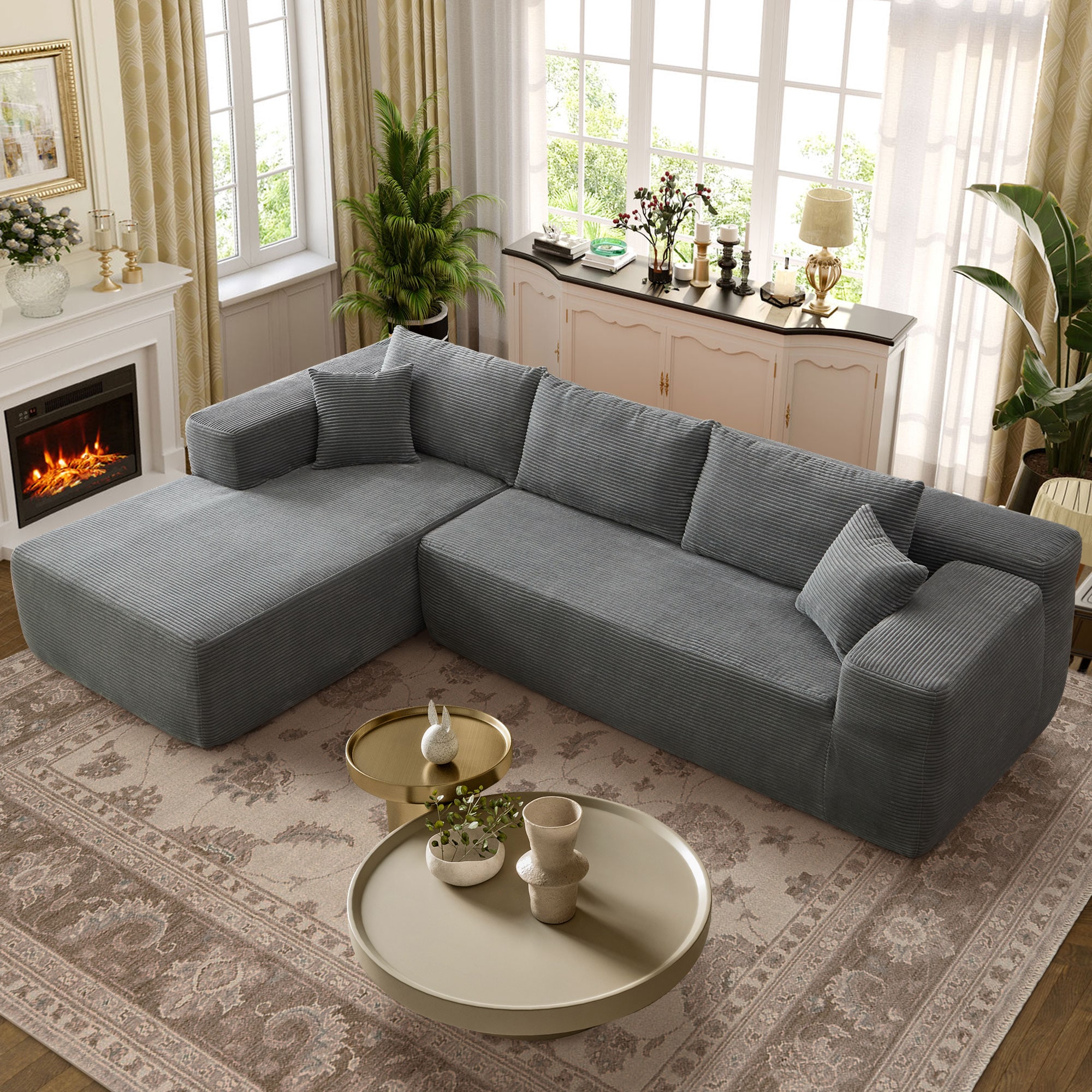 Ovios OVIVIL900 104.3-Inches Casual Gray(Corduroy)-Left Chaise Sectional