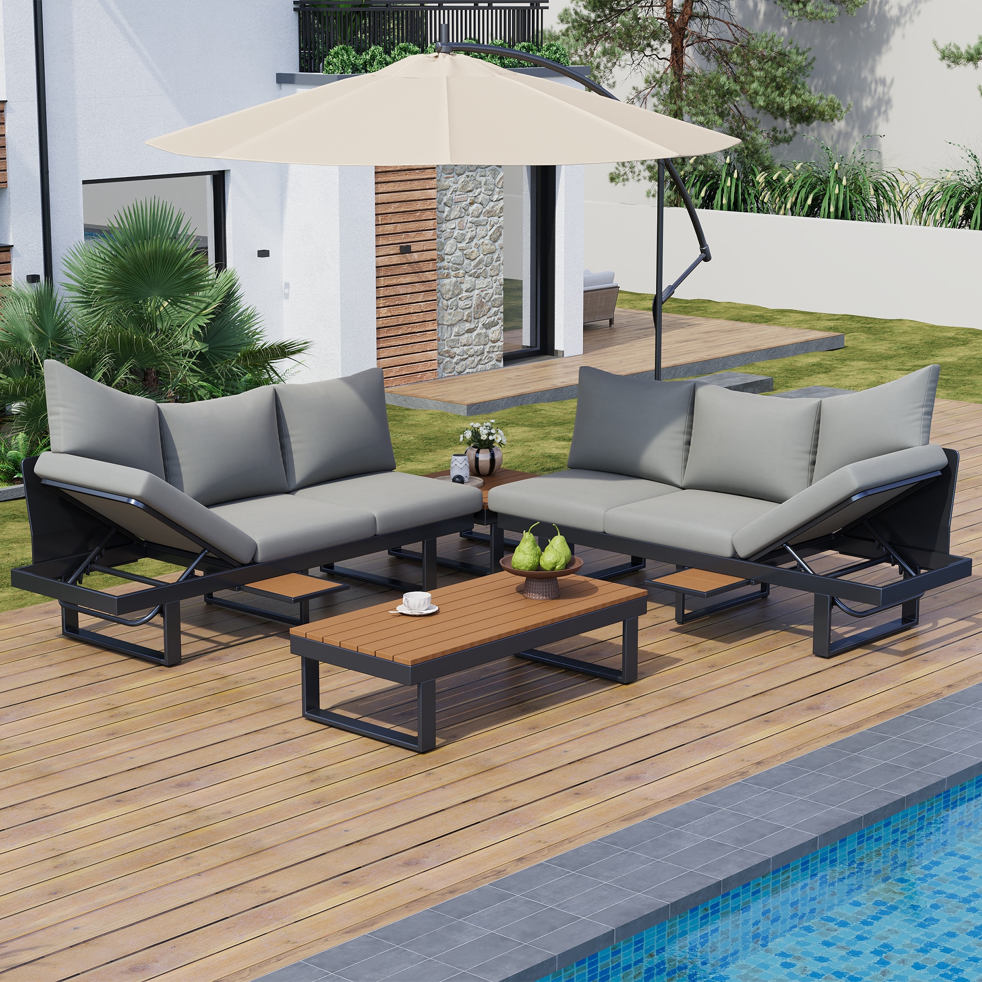 ModernLuxe L-N719Z000170E Outdoor Sectional Sofa Set Patio Conversation Set Patio Seating Group Outdoor Daybed with Adjustable Reclining Seats for Backyard, Poolside and Balcony,Grey 3 -Piece Patio Sofa Conversation Set with Gray Cushions