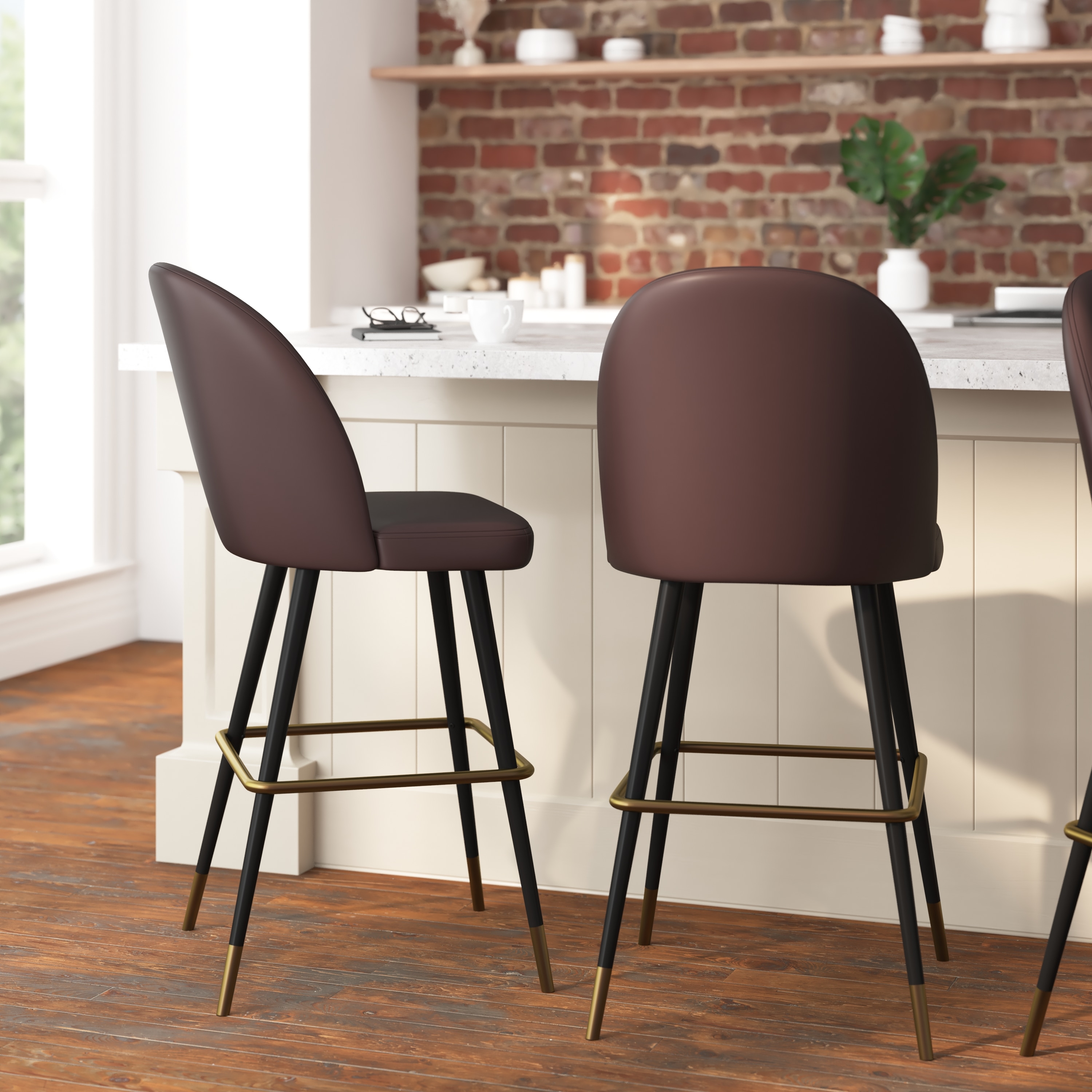 Taylor & Logan 196861087974 Alita 2 -Set Brown Faux Leather 30.0-in H Bar height Square seat Upholstered Metal Bar Stool and Back