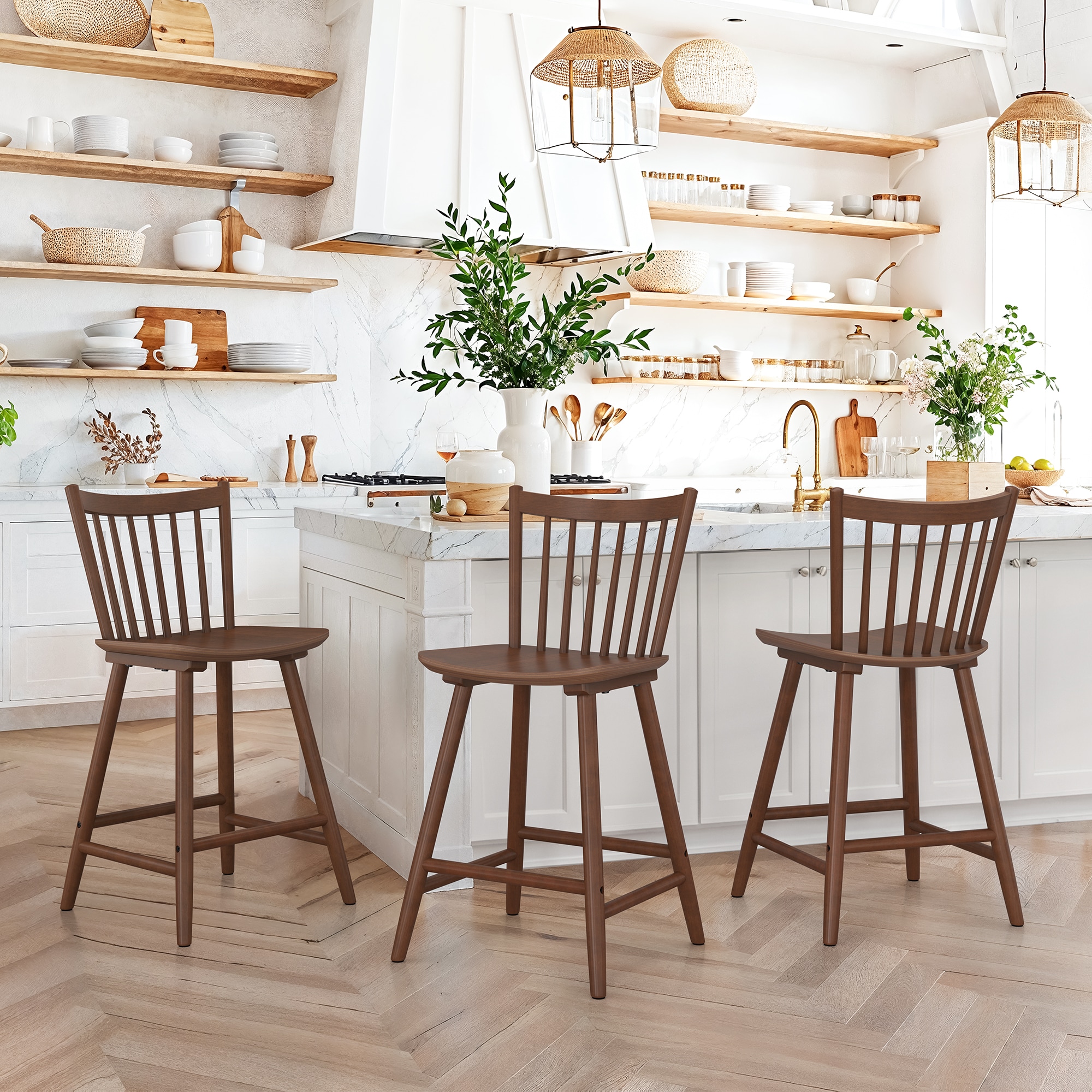 LUE BONA YB-149-03LS Set of 3 Brown 24-in H Counter height (24-in to 27-in) Square Seat Wood Back Bar Stool Back