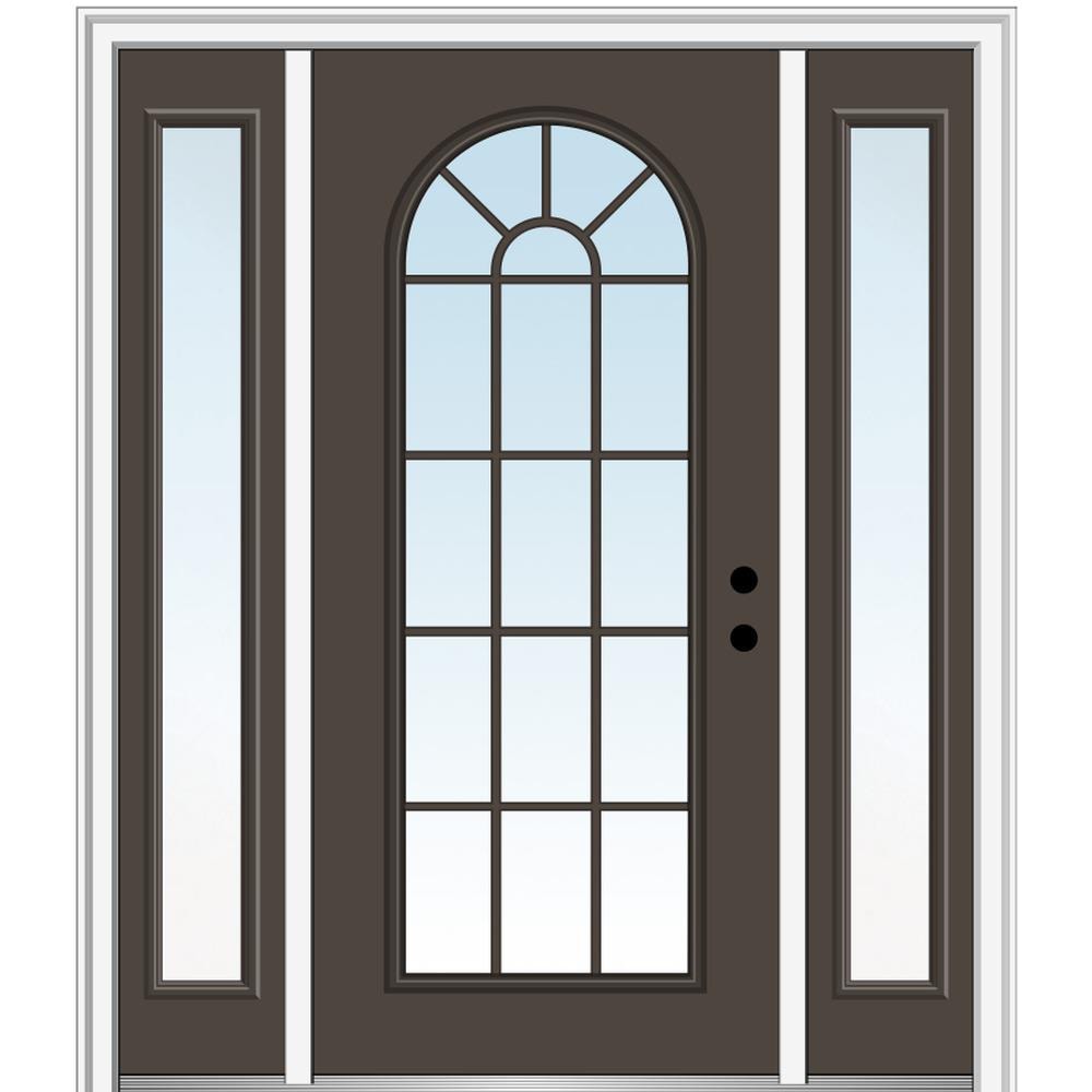 MMI DOOR ZZ09280L 60-in x 80-in x 4-9/16-in Fiberglass Full lite Left-hand inswing Brown Painted Prehung Front Door with Sidelights with Brickmould Insulating core with Grilles