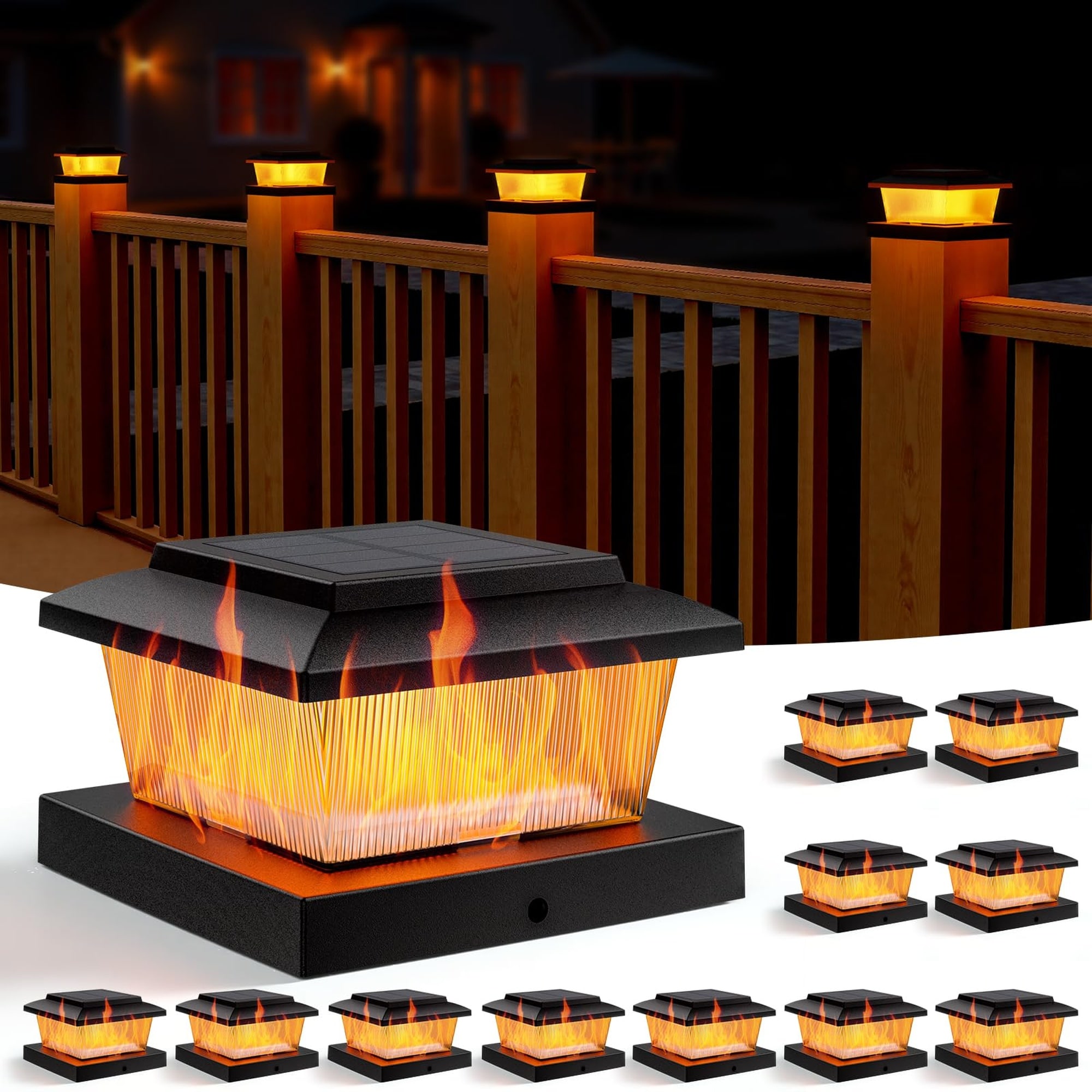 Angel Sar 12 Pack Matte Black Solar Post Cap Lights Flickering Flame Warm White Auto On Off IP65 Waterproof for 4x4 Wood Vinyl Posts Deck Fence