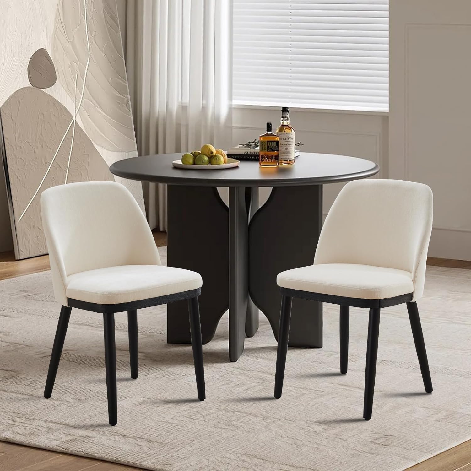 Qeetex PHK-33S485WK-HNN Set of 2 Beige Fabric Dining Chairs with Upholstered Cushion and Natural Wood Legs and Ergonomic Curved Back for Kitchen