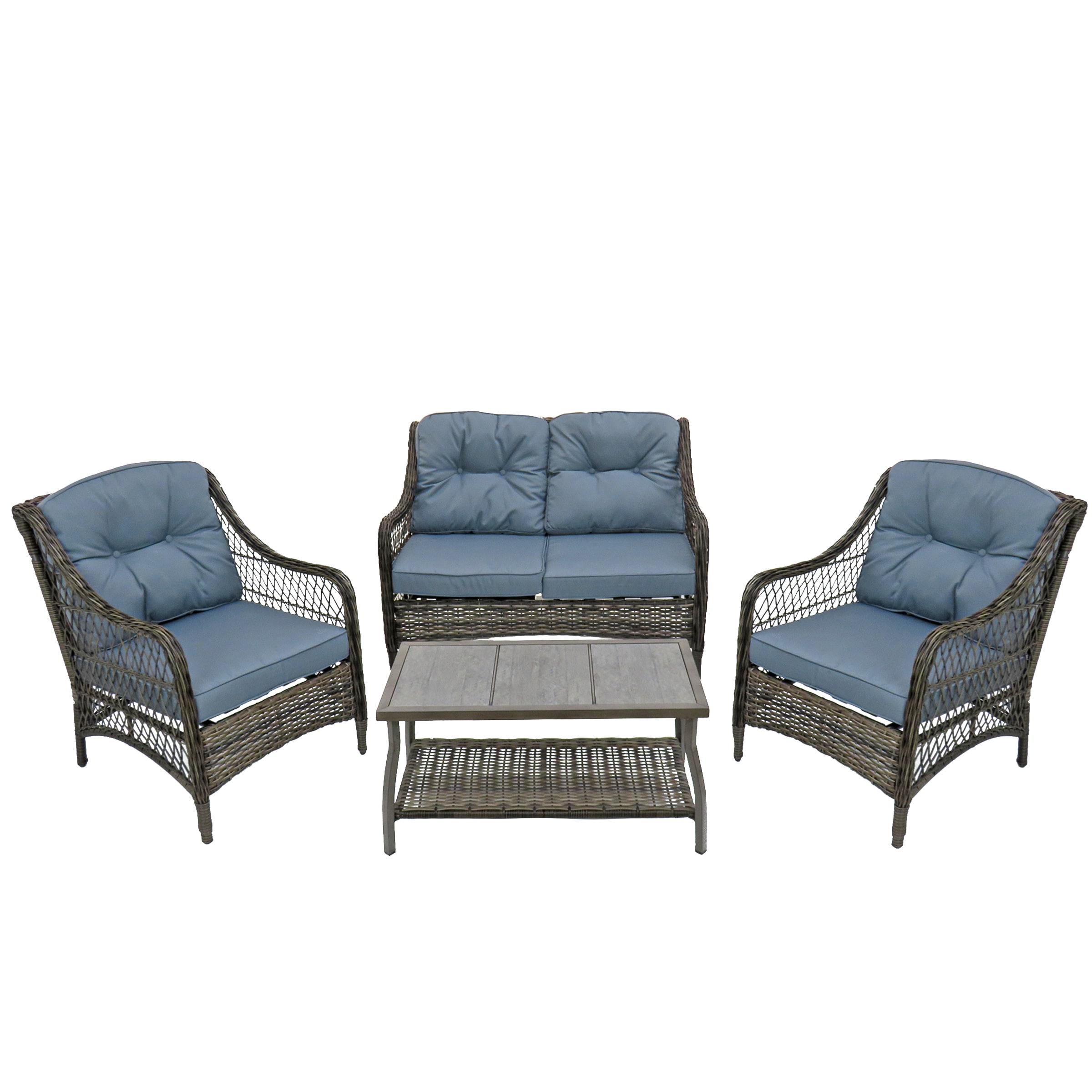 National Outdoor Living SV42-SS0363-4P Litherland 4 -Piece Wicker Patio Conversation Set with Blue Cushions