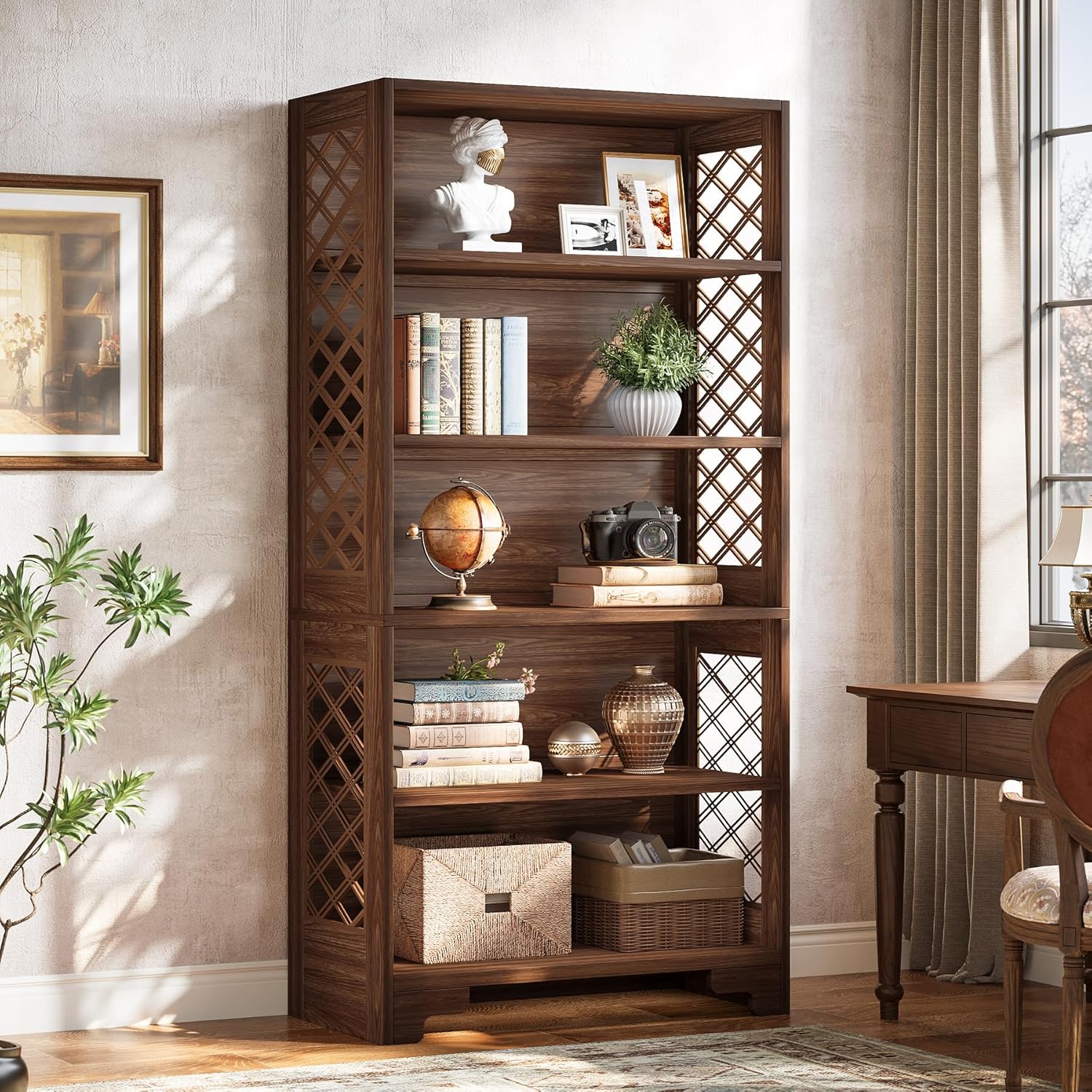 Tribesigns  71 inches Tall Bookshelf 6 Tiers Large Mid Century Bookcase Freestanding Library Open Bookshelves with 5 Storage Shelves Wooden Display Shelving Unit for Living Room Home Office