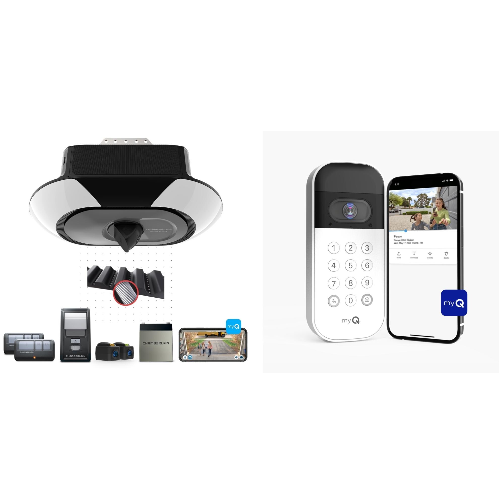 Chamberlain  B6753T 1-1/4 HPS myQ Secure View Camera Smart Belt Drive Garage Door Opener Wi-fi Battery Back-up LED Light with Video Keypad
