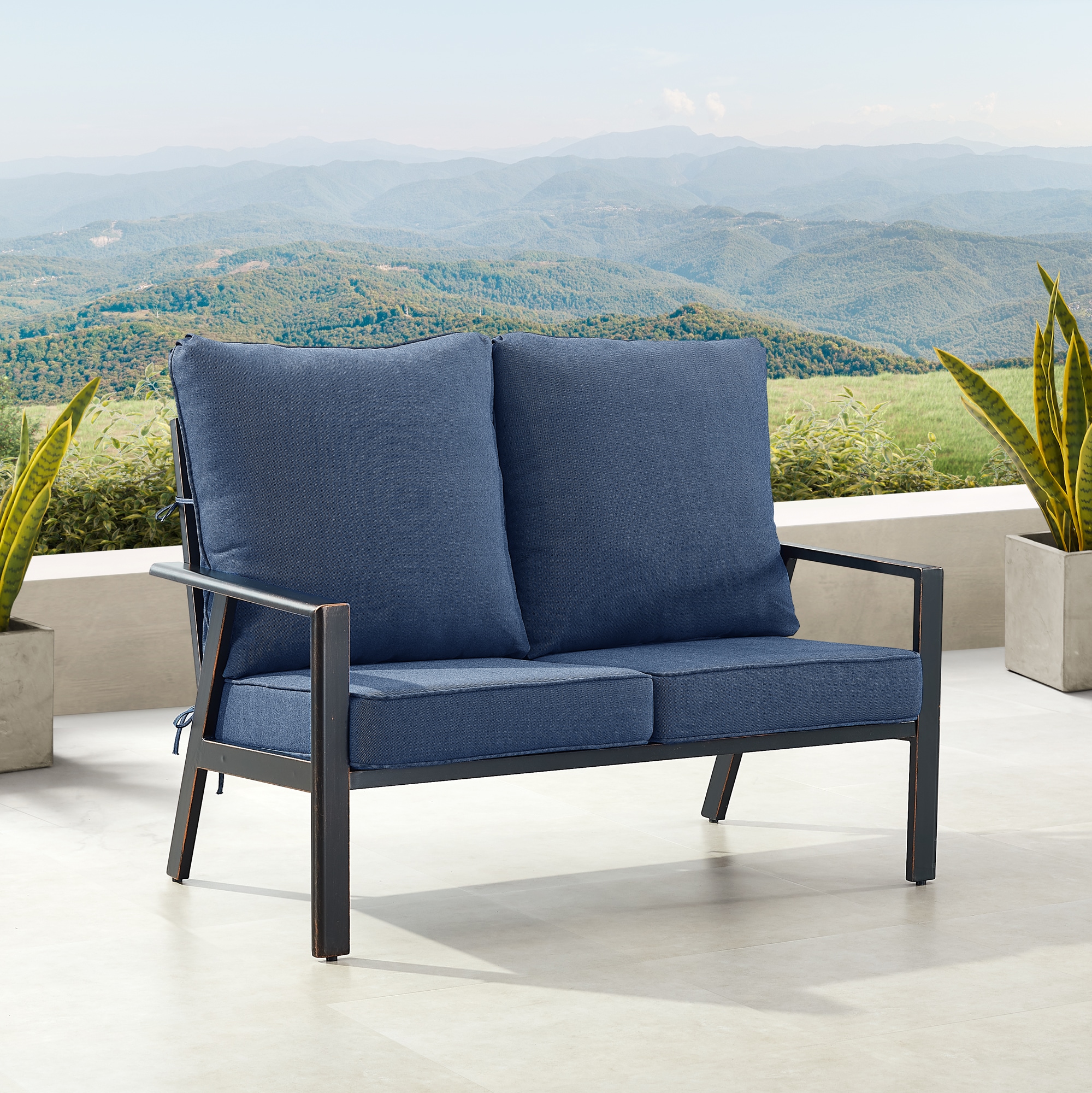 Oakland Living LUX-LS-BLCU-AC High Quality Luxury Outdoor Loveseat with Blue Cushions and Aluminum Frame