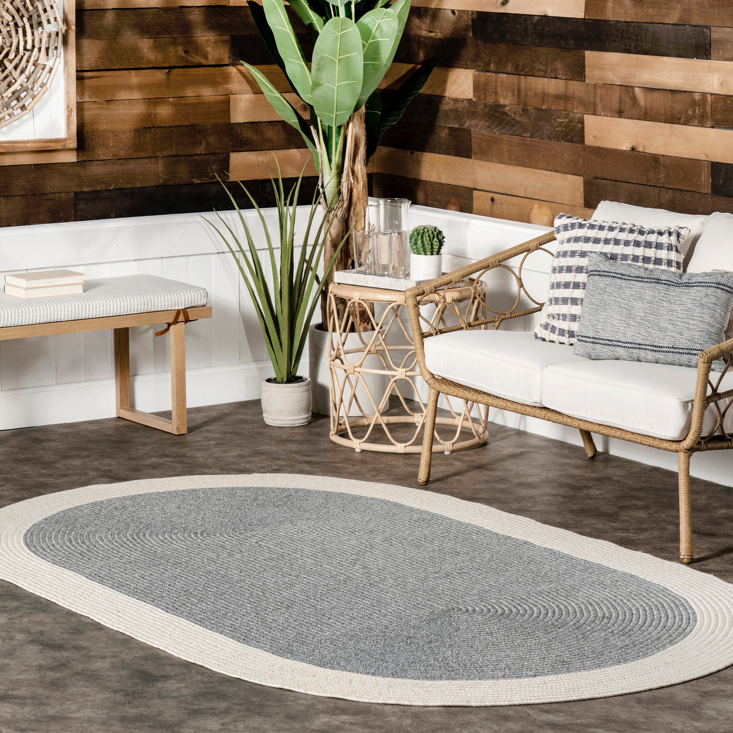 nuLOOM HJFV03A-O508 Festival 5 x 8 (ft) Loomed Polypropylene Grey Oval Indoor Border Coastal Area rug