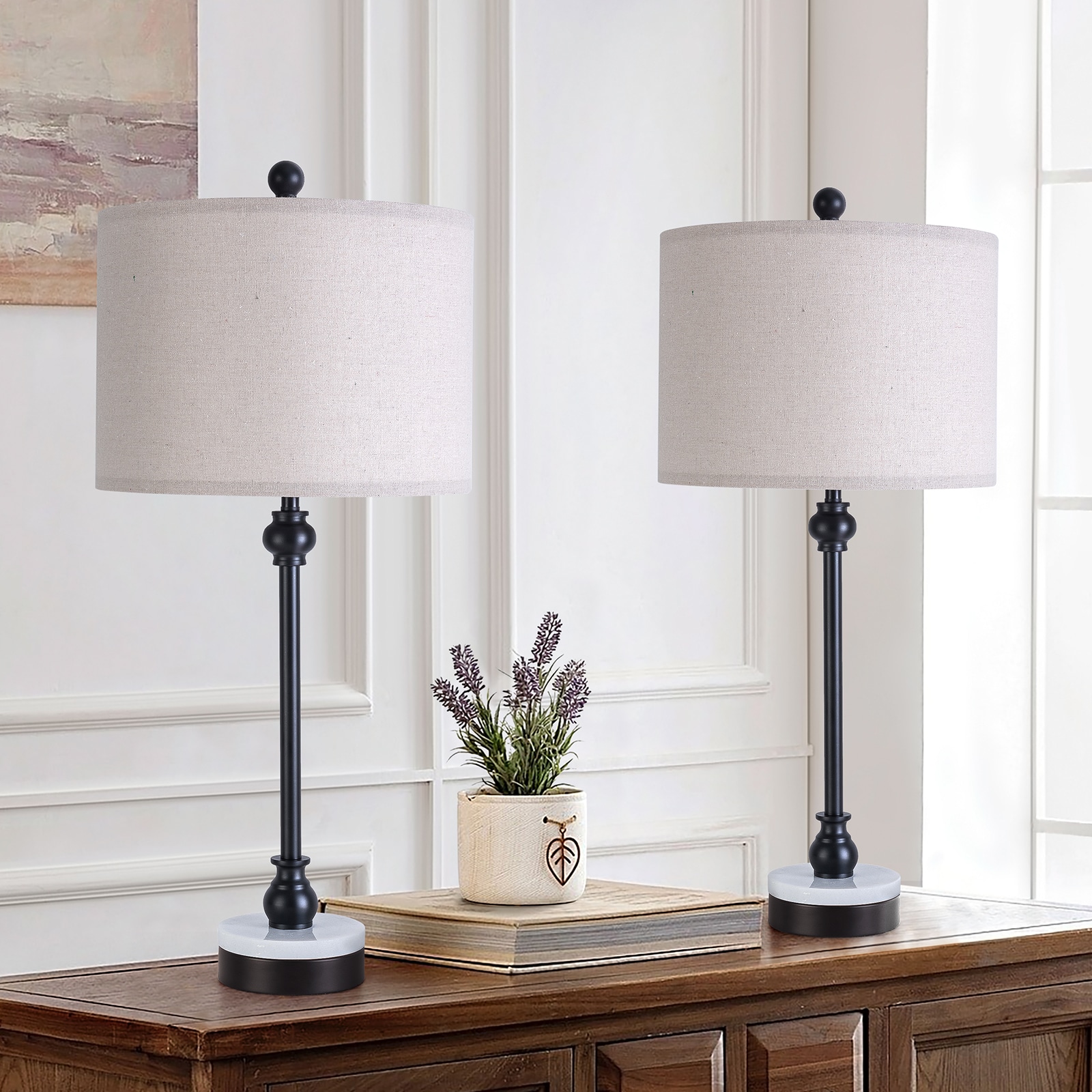 Maxax T264-BK Deluxe 28.3-in Black and White LED Incandescent Rotary socket Table Lamp with Linen Shade 2 -Set