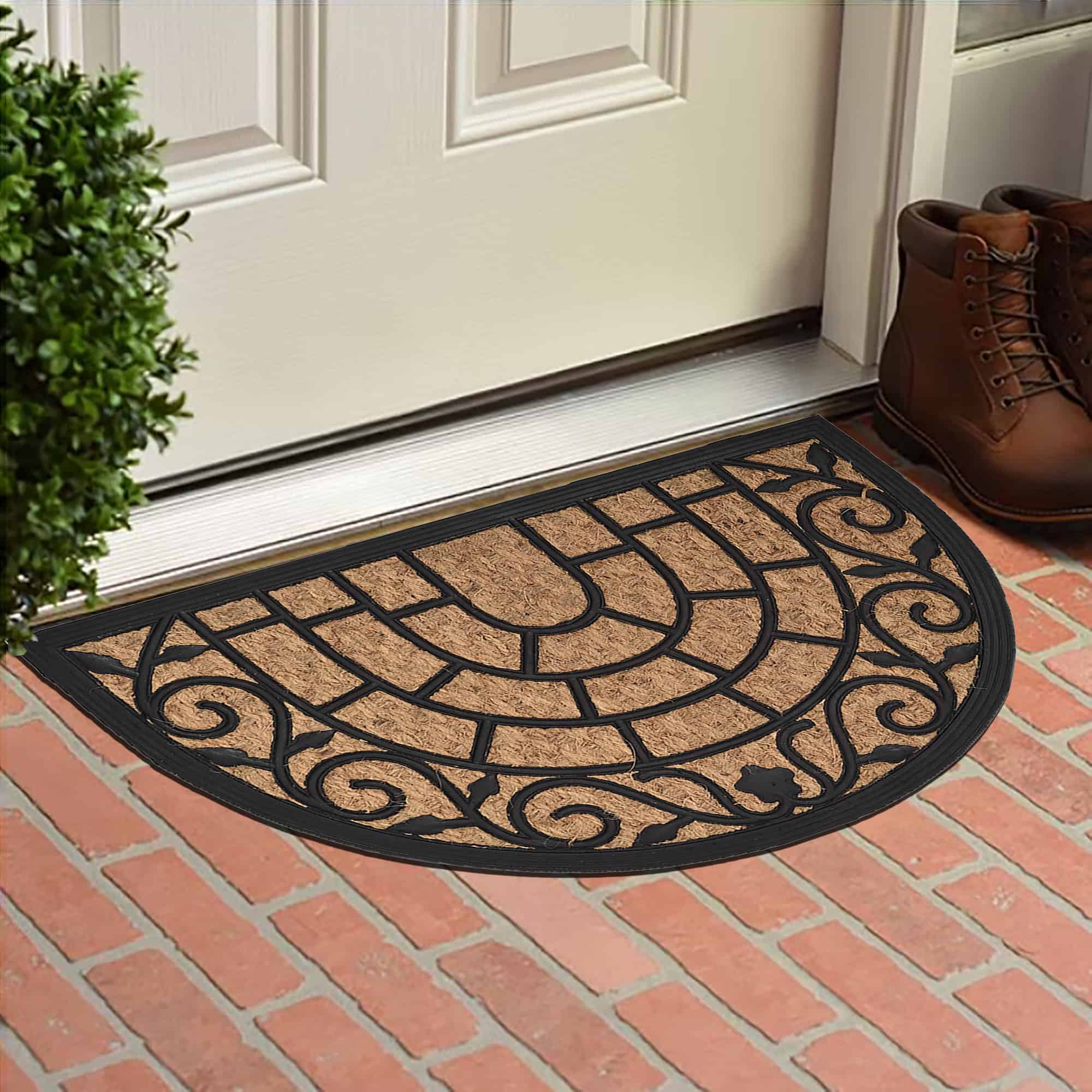 EVIDECO FRENCH HOME GOODS 16 x 24-in Vitrail Half Circle Door Mat Black Rubber Scroll and Arch Pattern with Natural Coir
