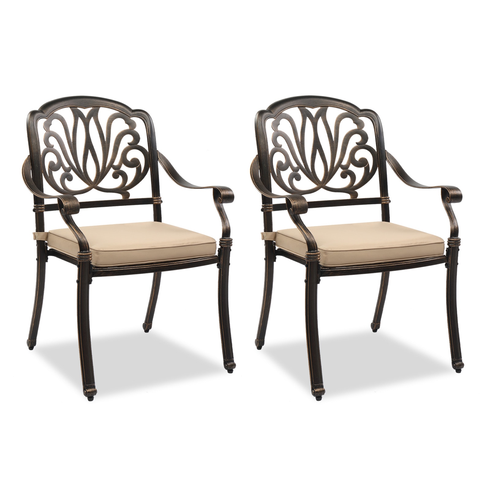 Winado LO1G56000615 Aluminum chair Set of 2 Stackable Bronze Aluminum Frame Stationary Dining Chair with Tan Cushioned Seat